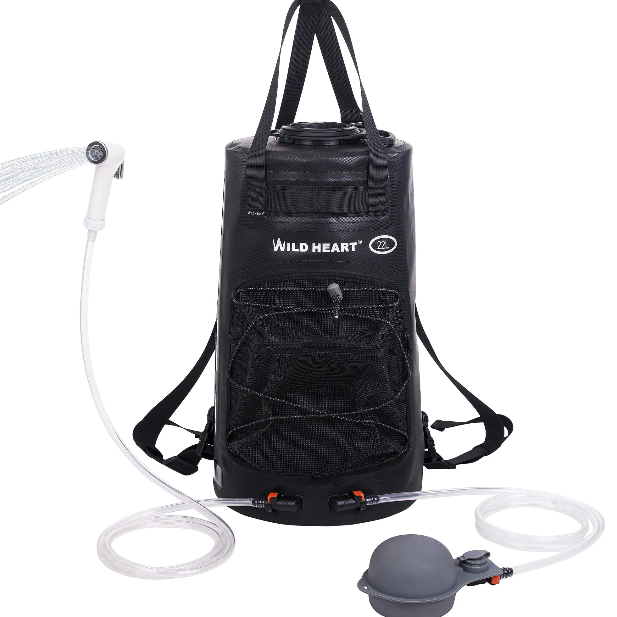 WILD HEART Doccia da Campeggio - Doccia Portatile 22L per Campeggio con Pompa a Pedale a Pressione e Tubo - Zaino per Doccia Solare per Campeggio