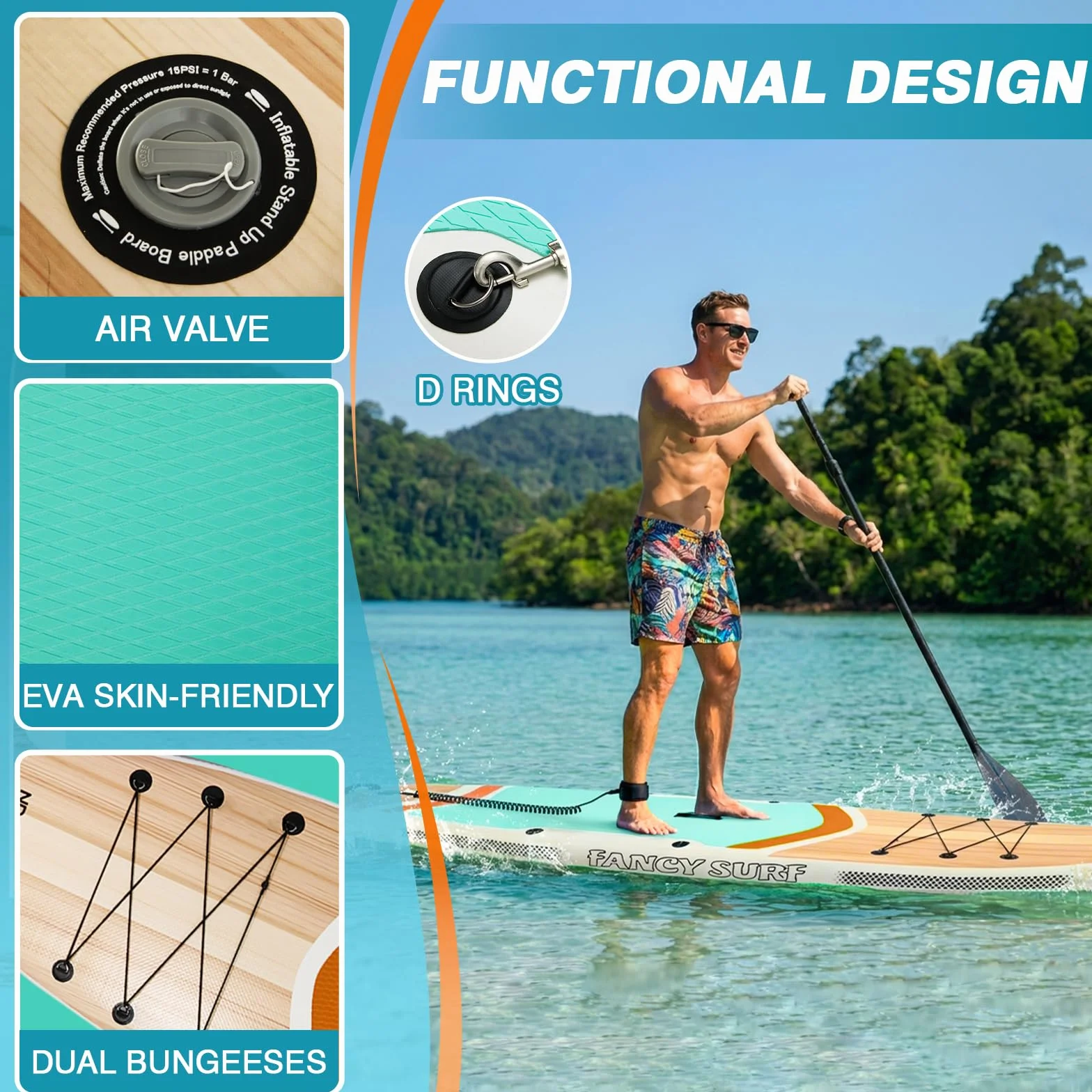 Tavola SUP gonfiabile 351x89 cm 200 kg z pompa, pinne, zaino, custodia impermeabile