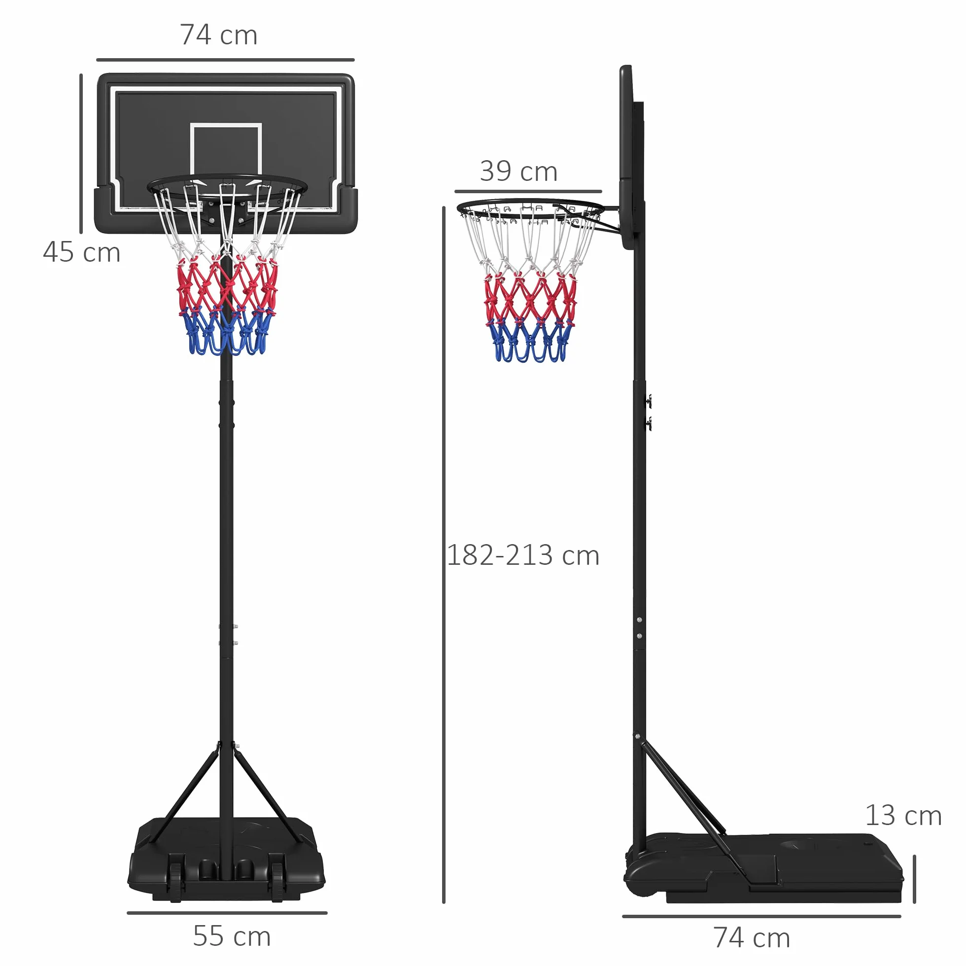 SPORTNOW Canestro da basket regolabile in altezza 182-213 cm con ruote tabellone infrangibile acciaio per adulti