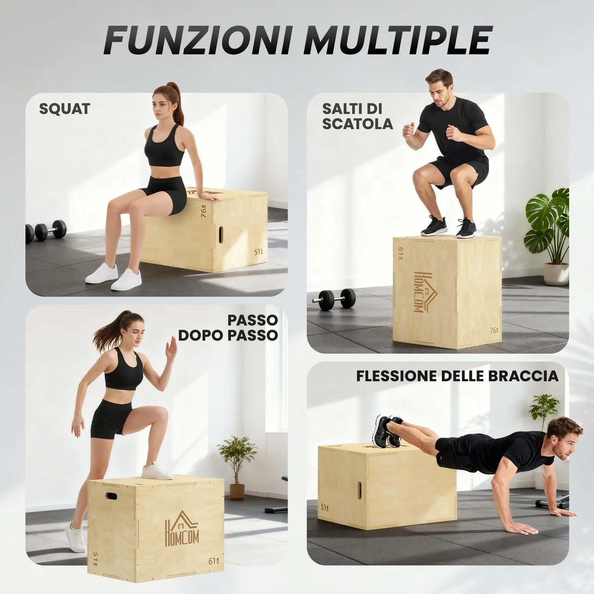 HOMCOM Plyo Box a 3 Altezze Regolabili in Legno di Faggio per Casa e Palestra