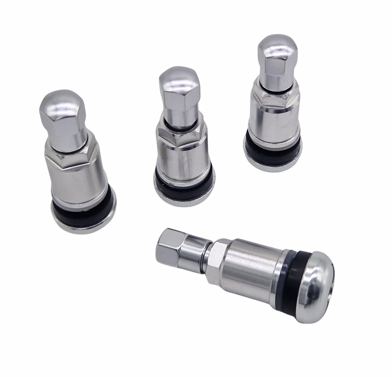 Set di 4 valvole in metallo, 11,3 mm, con valvola a saracinesca in alluminio, colore: argento