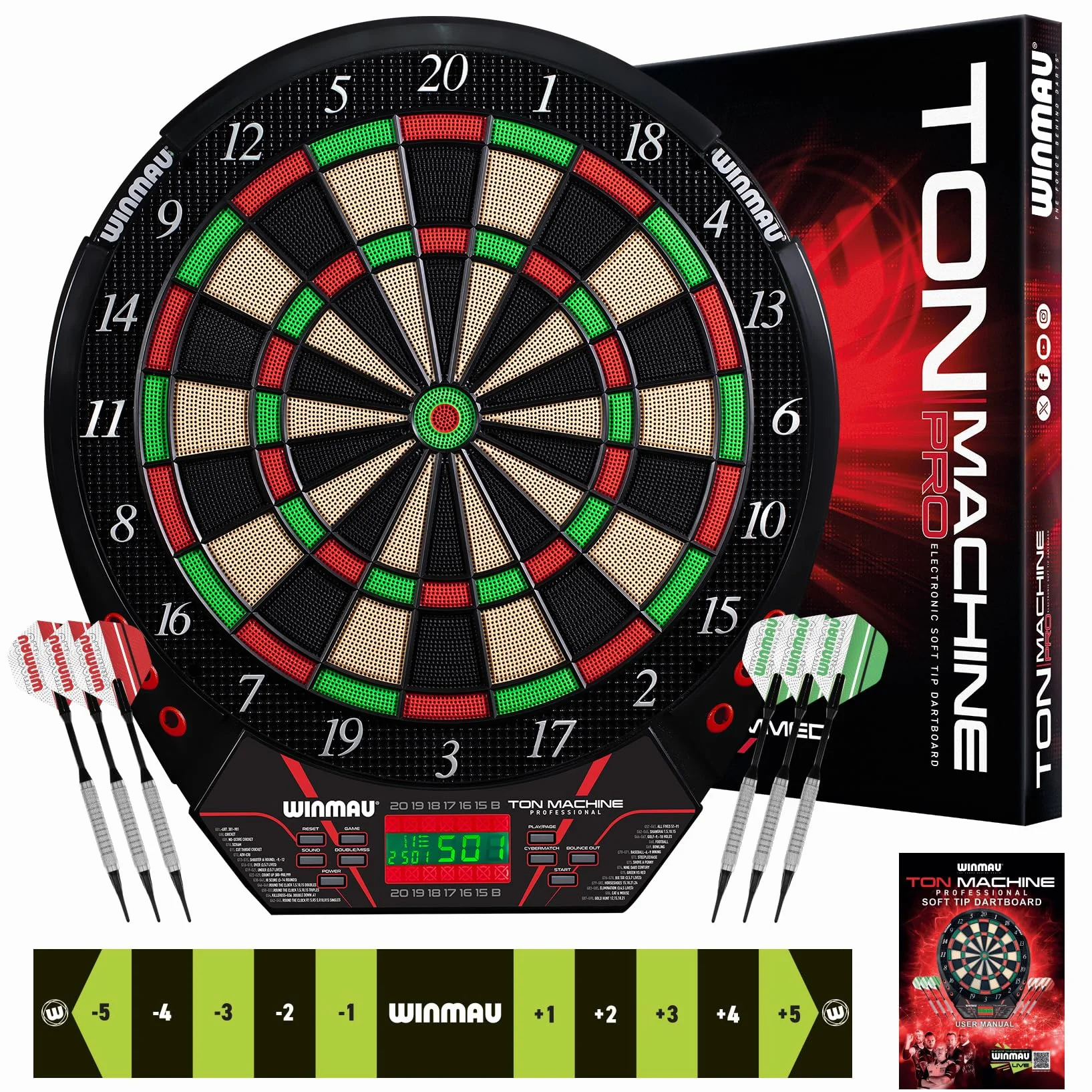 Winmau Darts - Ton Machine Bersaglio elettronico per freccette con 90+ giochi e tabellone segnapunti digitale per 8 giocatori -2 set di freccette con punta morbida, linea di lancio e punte di plastica