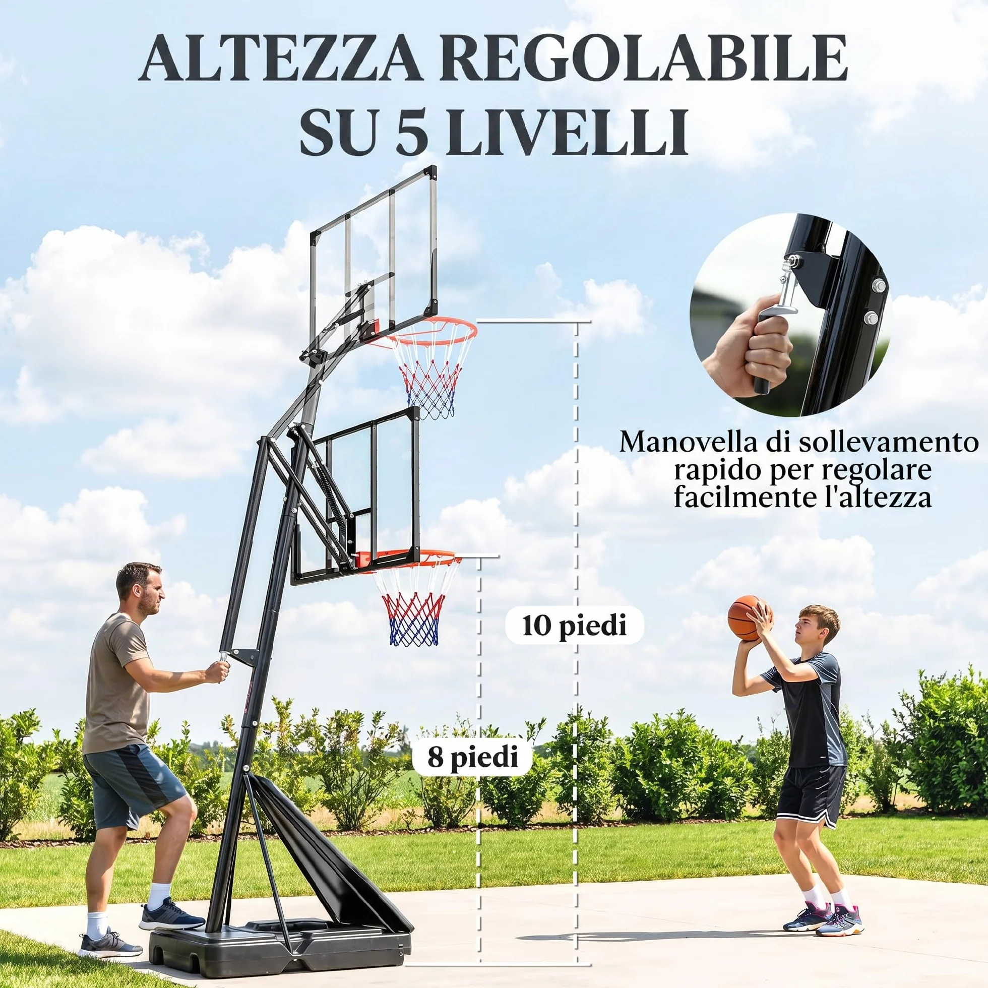 SPORTNOW Canestro Basket Regolabile per Adulti Altezza 2.45-3.05 m, Base Riempibile, Tabellone Antishock, Nero