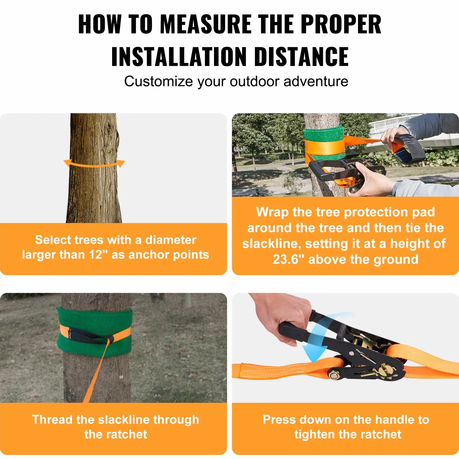 VEVOR Kit Slackline con Linea di Allenamento 18,3m x 5cm, Attrezzatura da Giardino, Set con Protezioni per Alberi