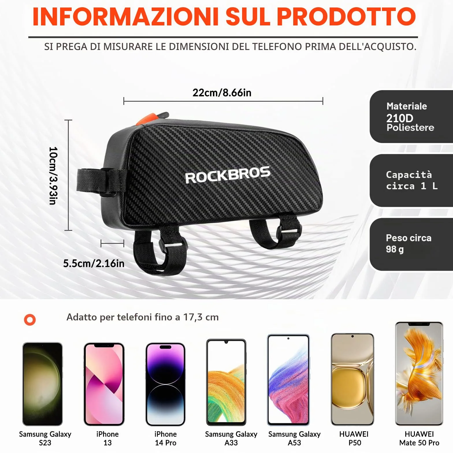 ROCKBROS Borsa Telaio Bici 1L MTB Bicicletta da Corsa Bici Elettrica