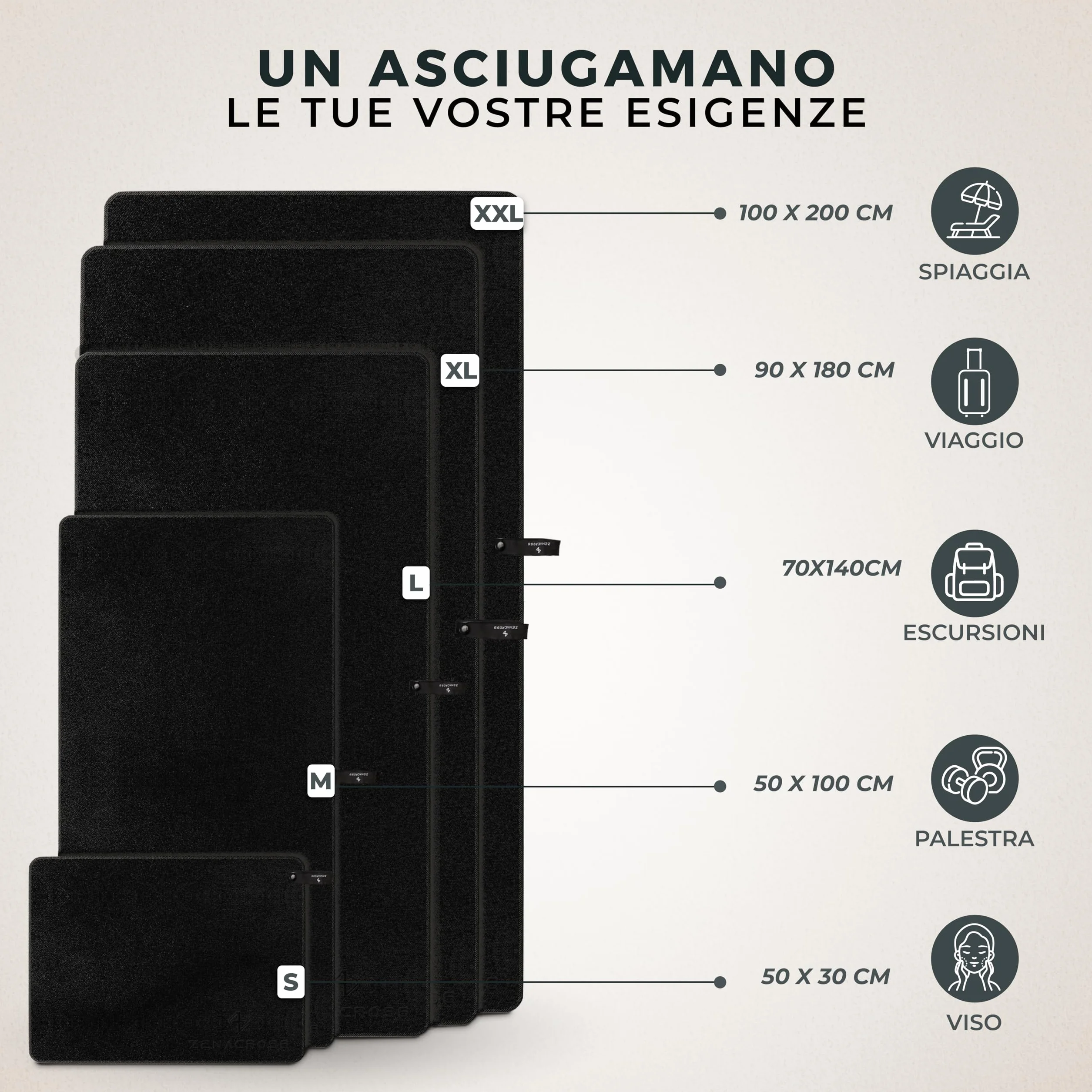 Asciugamano Palestra 100x200cm Microfibra Rapida Asciugatura Telo XXL Nero con Borsa