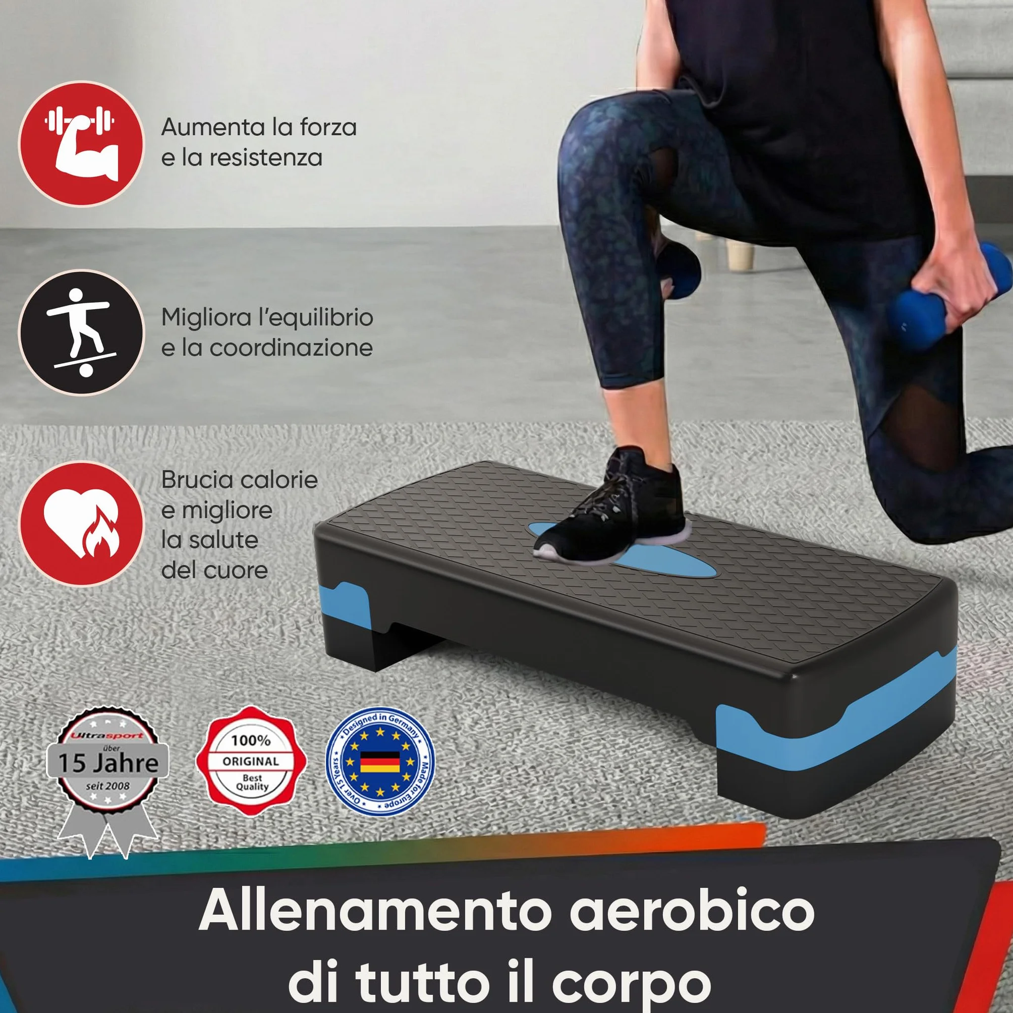 Ultrasport Step Fitness Aerobica Stepper Casa Antiscivolo Regolabile 2 Altezze Stepboard 68x28 cm Blu