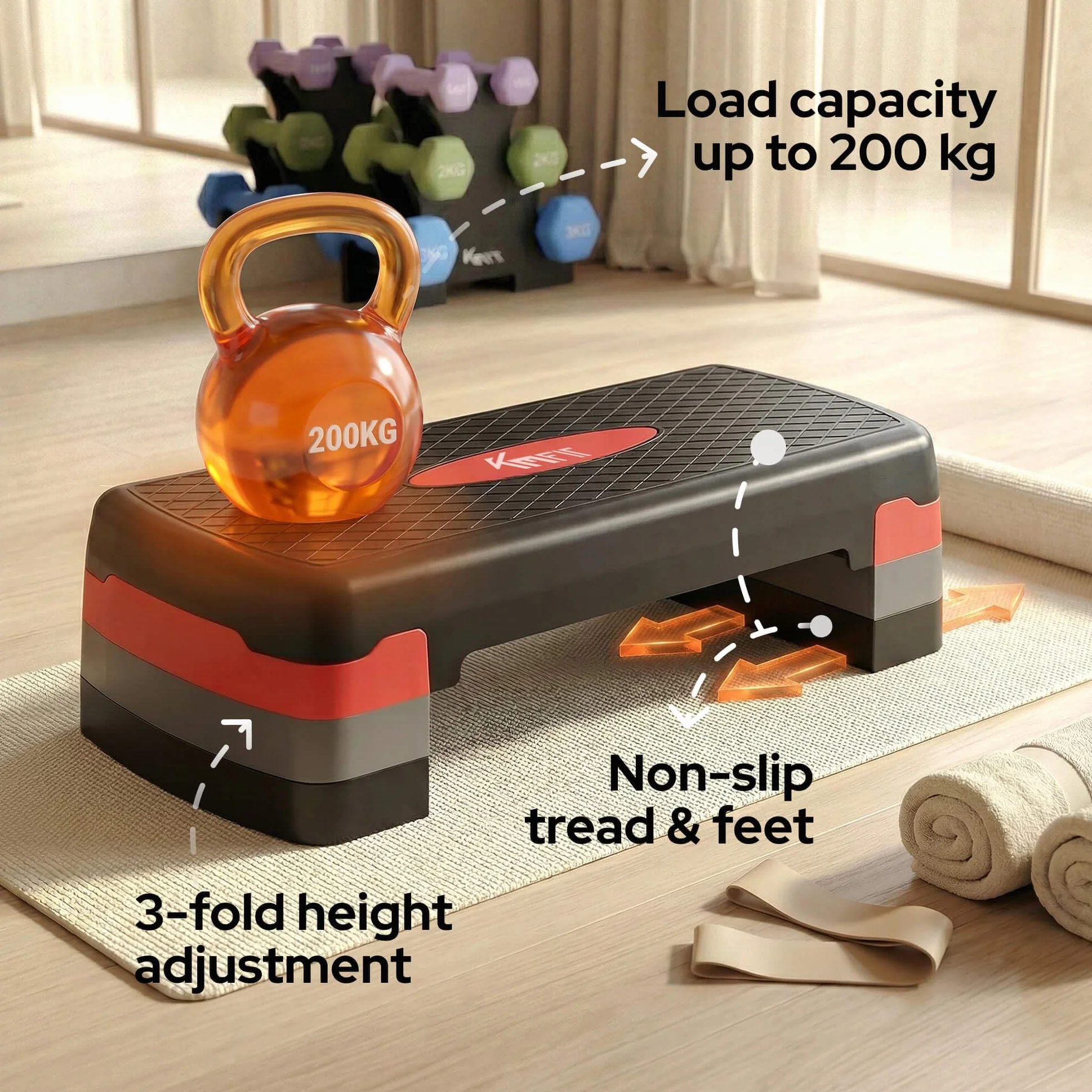 KM-Fit Fitness Stepper Aerobic Step-Bench regolabile 3 posizioni 200 kg con tappetino antiscivolo