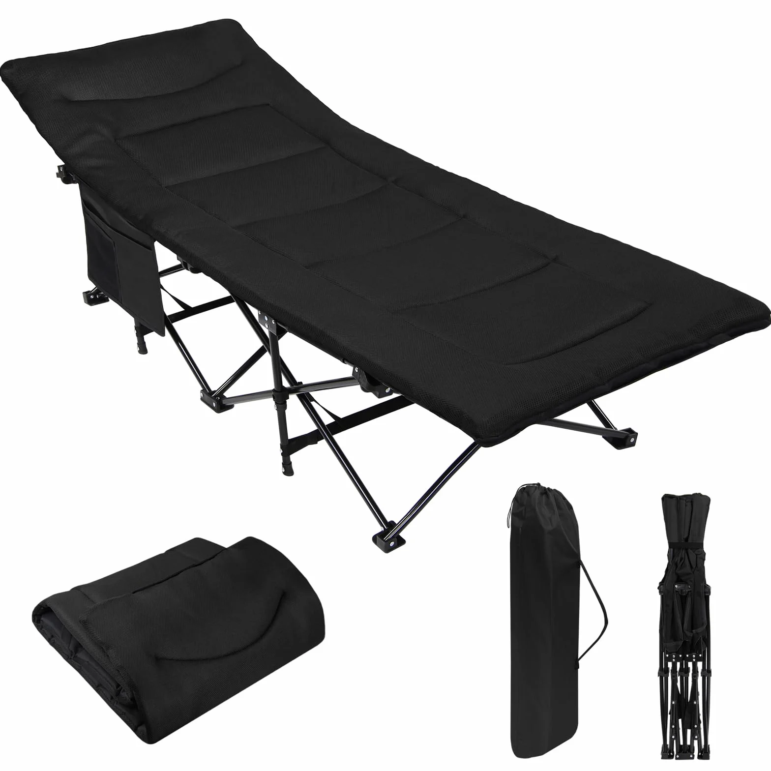ALPIDEX Brandina Campeggio Letto Campo Pieghevole Caricabile 200 kg Lettino Tenda Portatile Cuscino Leggero Borsa Trasporto, Nero