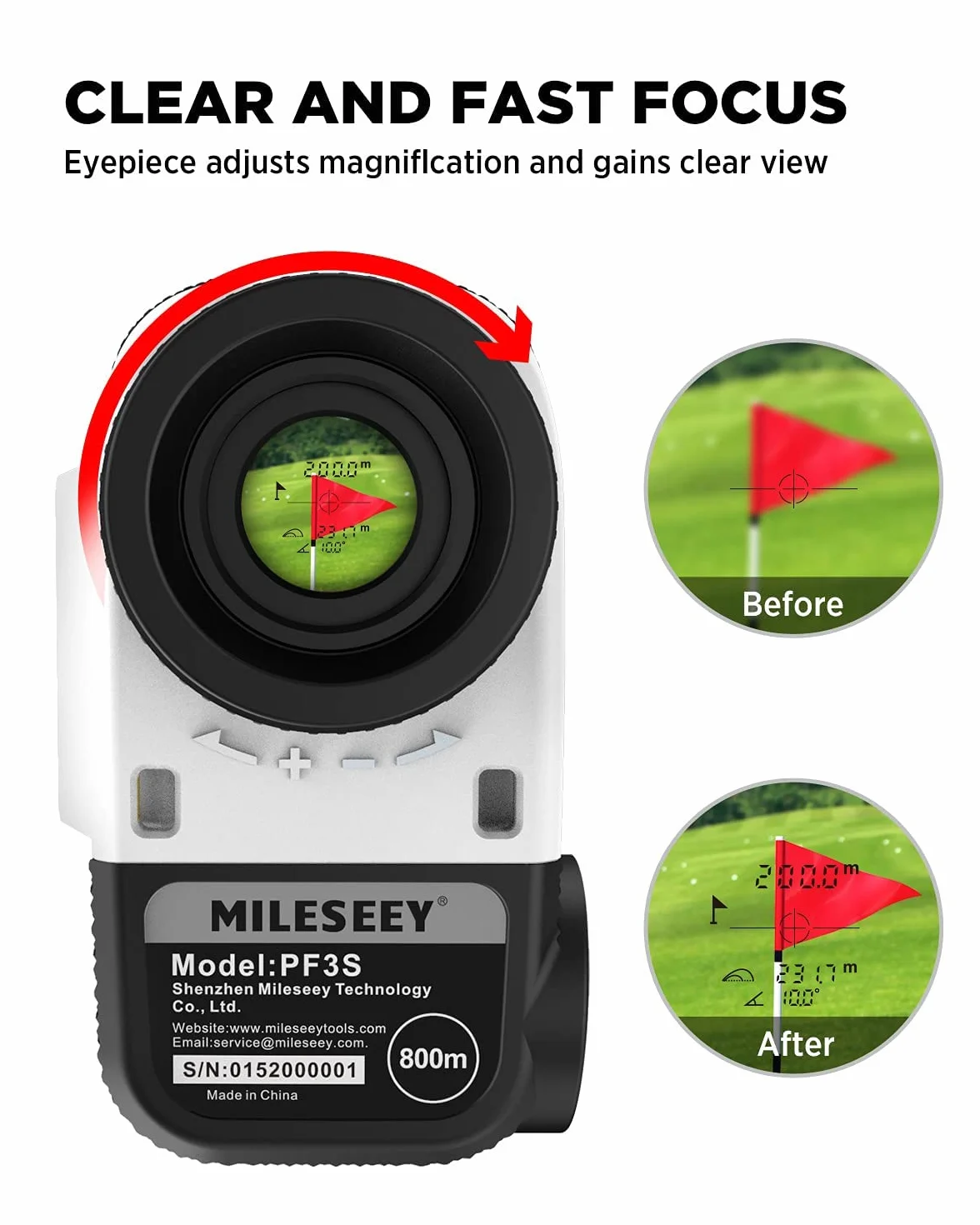 MiLESEEY PF3S Telemetro Golf/Caccia Da 800M con Display LCD Telemetri da Golf, con Interruttore di Inclinazione, Blocco Bandiera e Vibrazione, Precisione ± 0,5M, Montaggio su Treppiede