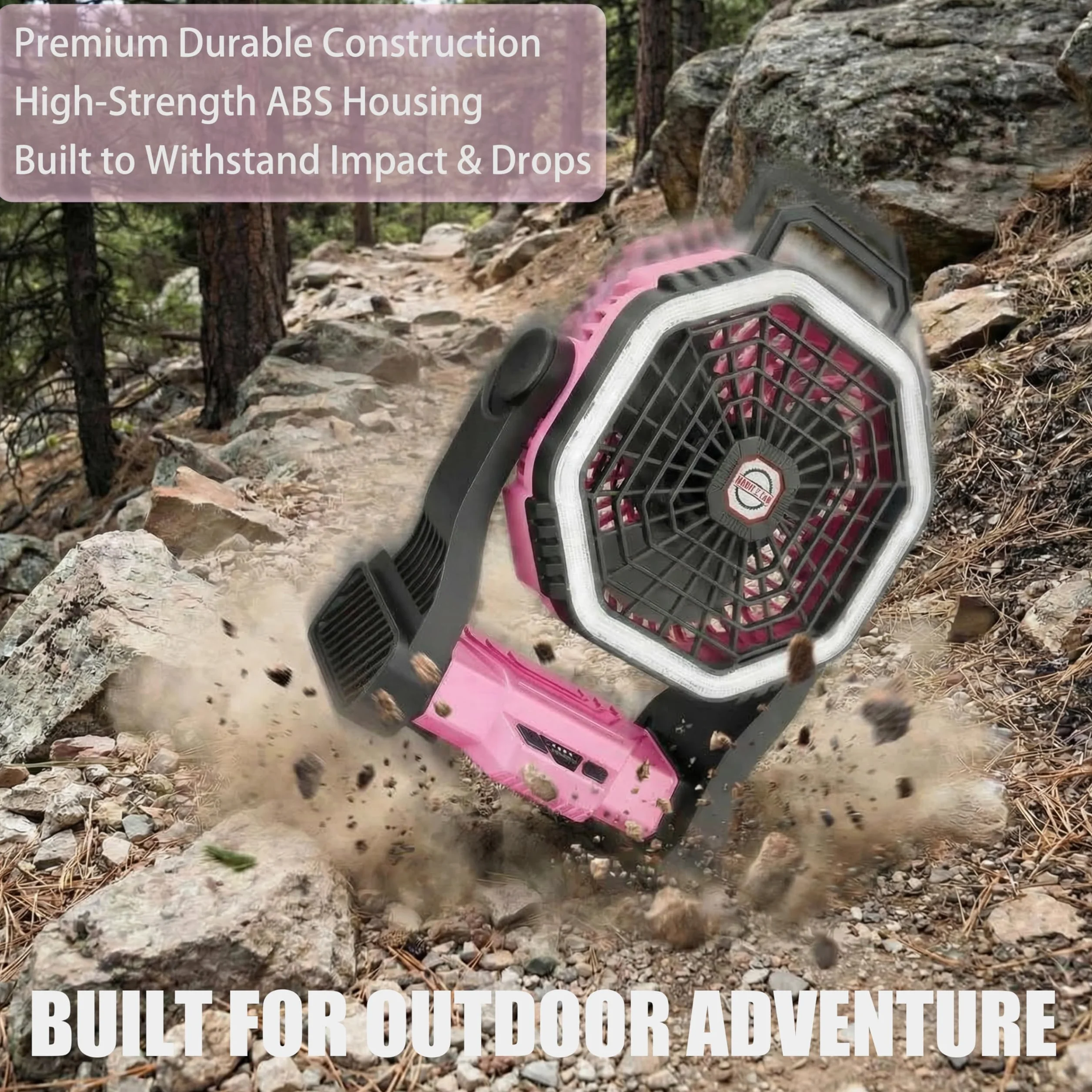 Ventilatore da Campeggio LED Portatile, 2-in-1 Ricaricabile, 4 Impostazioni di Velocità, Batteria da 10000mAh, 3 Modalità di Luce (Rosa)