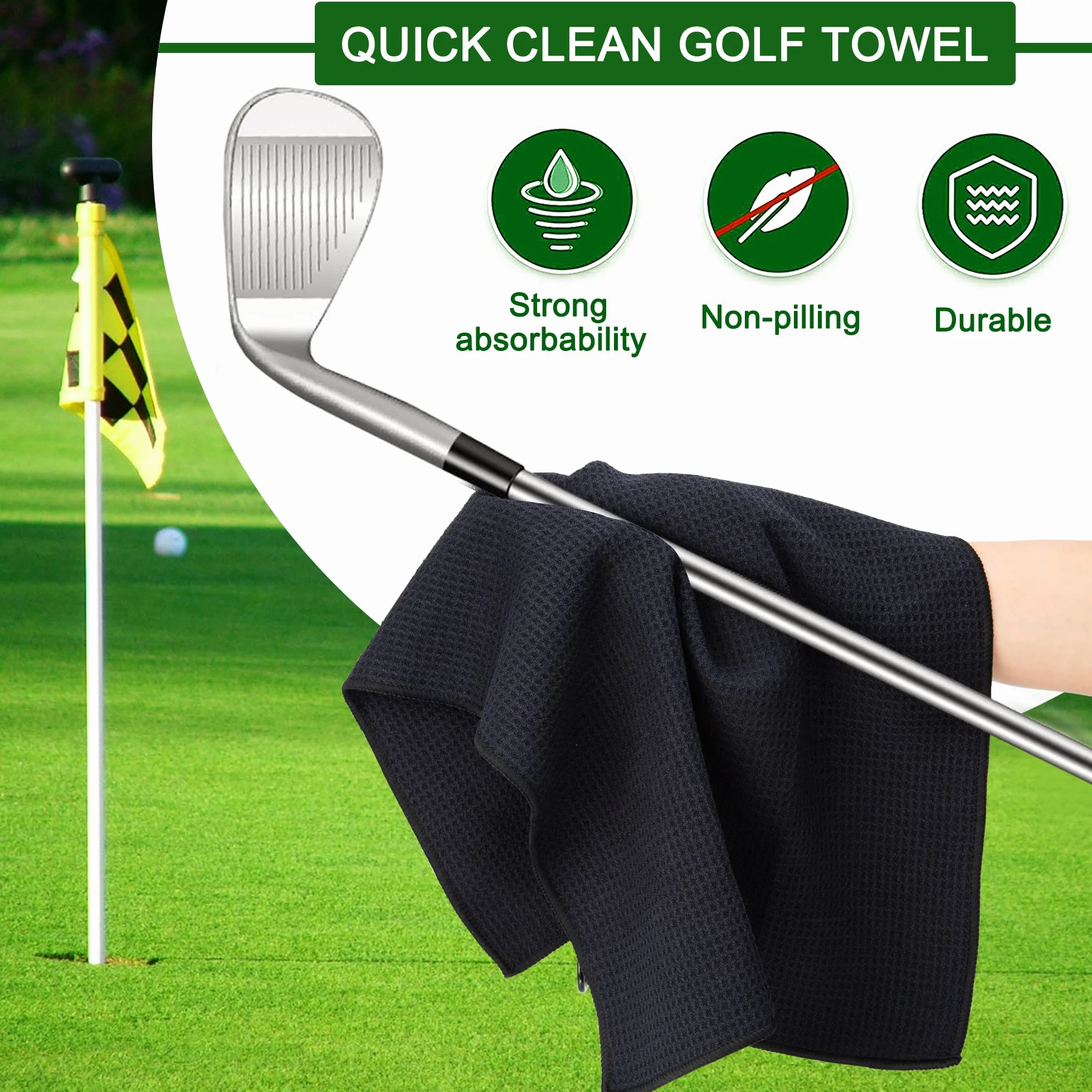 Asciugamano da Golf in Microfibra 2 Pezzi Ripiegabile con Moschettone Asciugatura Rapida 60x40cm