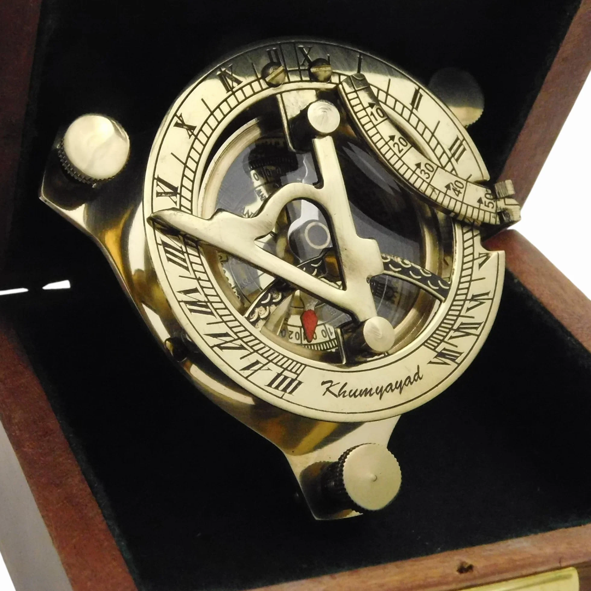 Bussola meridiana in ottone antico replica nautical con scatola in palissandro