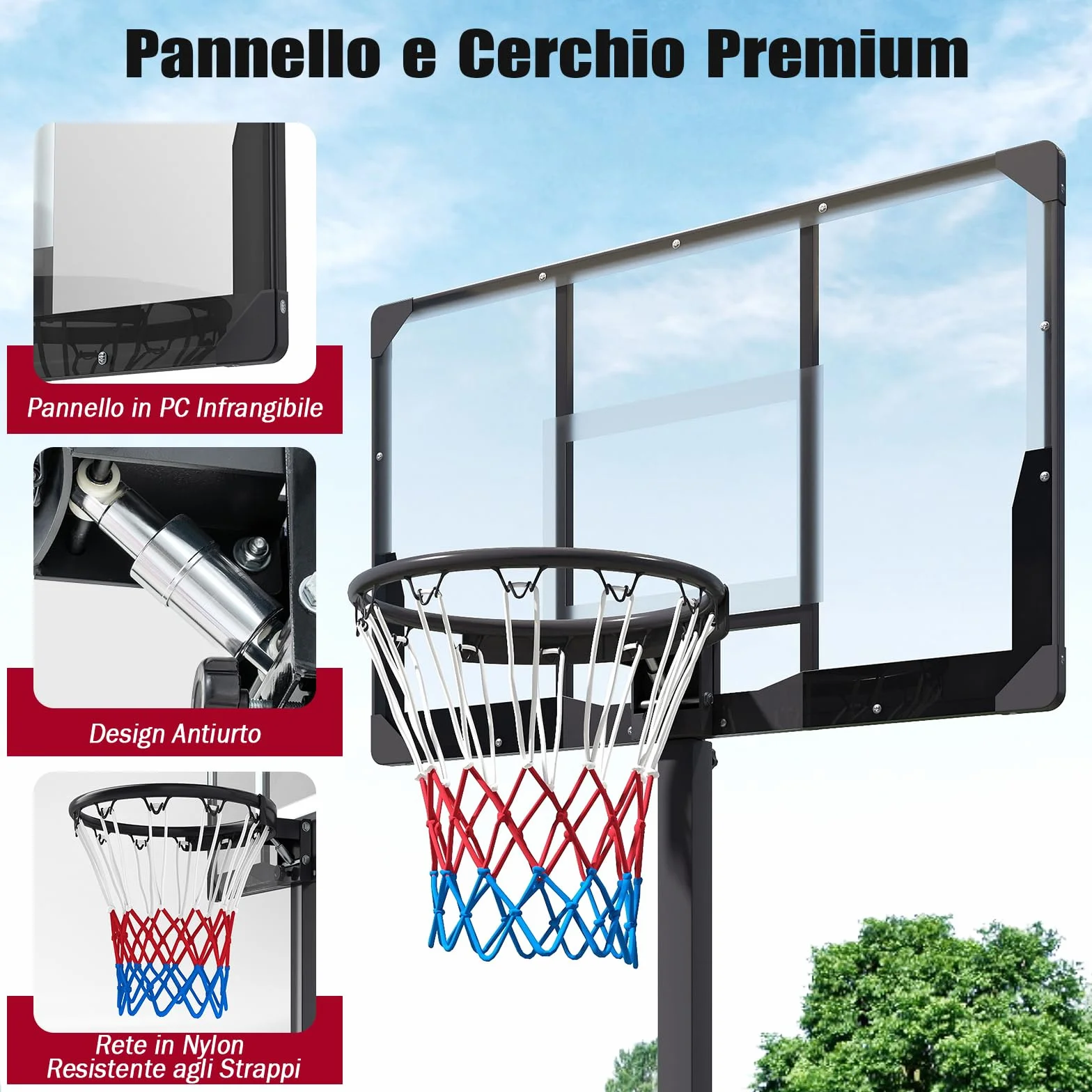 COSTWAY Canestro da Basket Professionale Pieghevole Altezza Regolabile 230-305 cm Tabellone PC Infrangibile Base Mobile con Ruote Riempibile