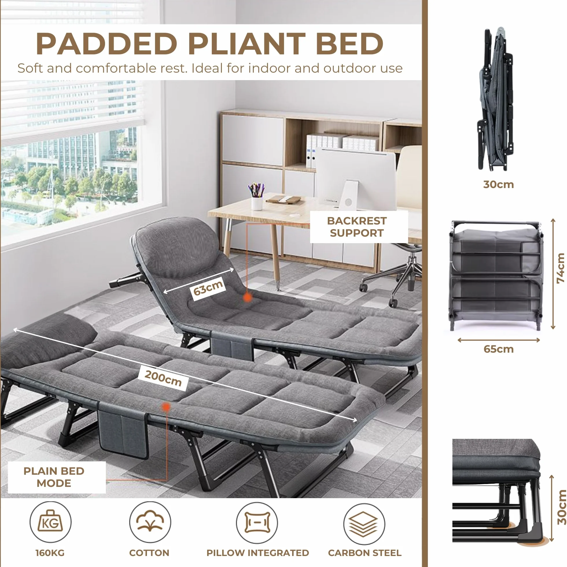 MAGIC SELECT Letto da Campeggio Portatile Imbottito Pieghevole con Cuscino Tasca Cotone Lino 200x63 cm