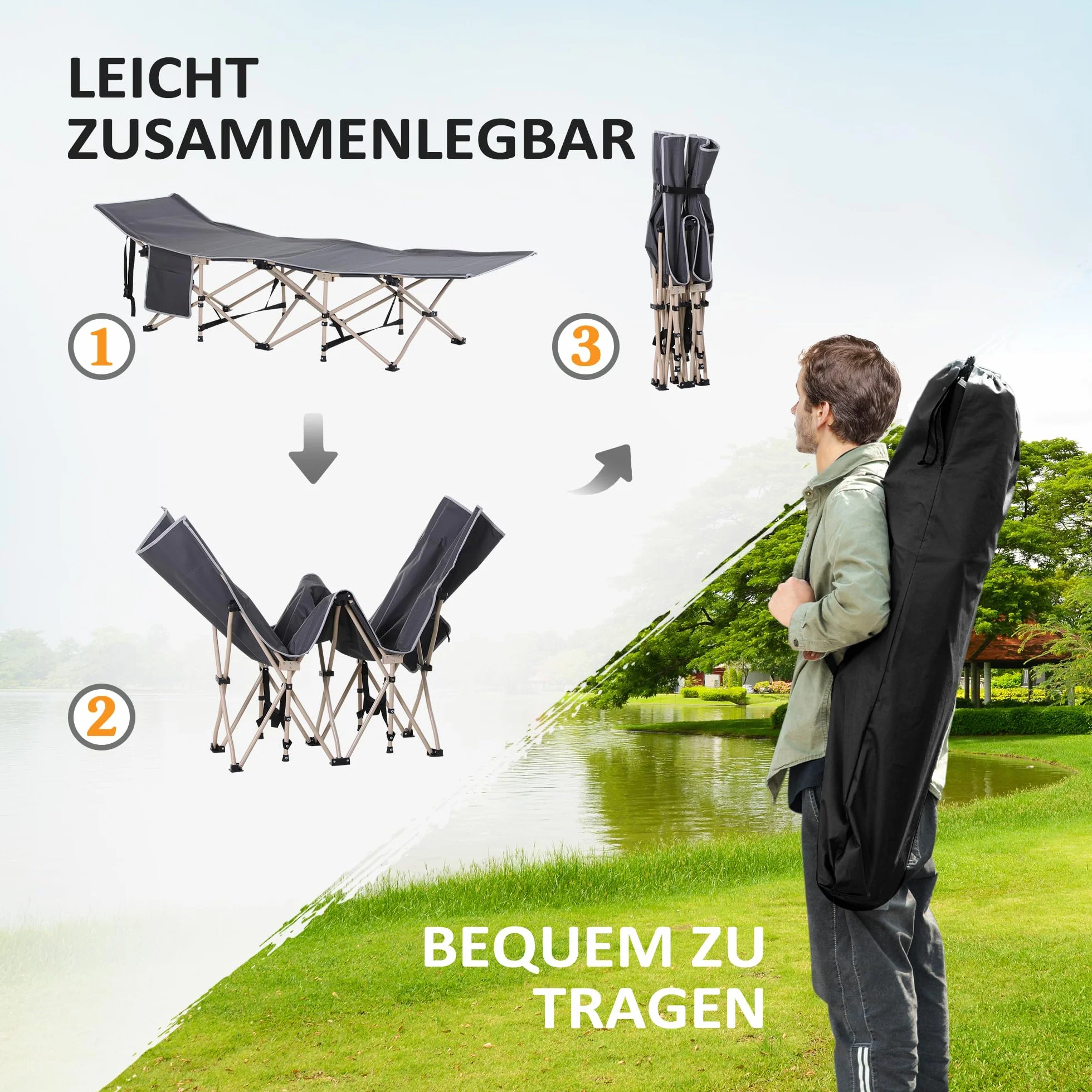 Outsunny Feldbett Campingbett mit Aufbewahrungstasche, Stahl Oxford 190x68x52 cm