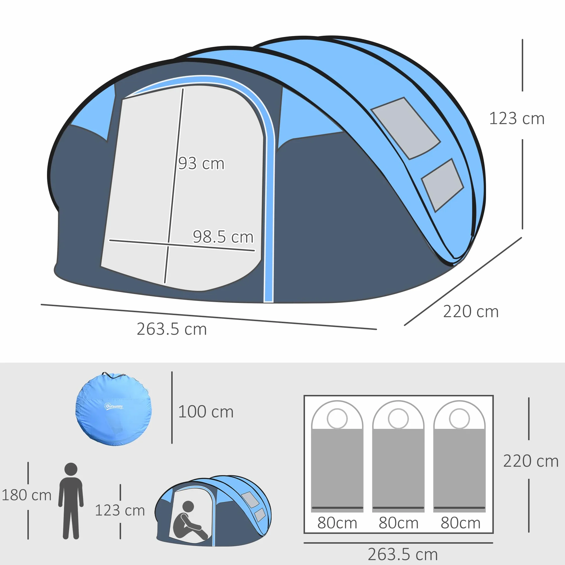 Outsunny Tenda da Campeggio Pop Up 4 Persone 2000mm Anti UV 20+ 263.5x220x123 cm Blu