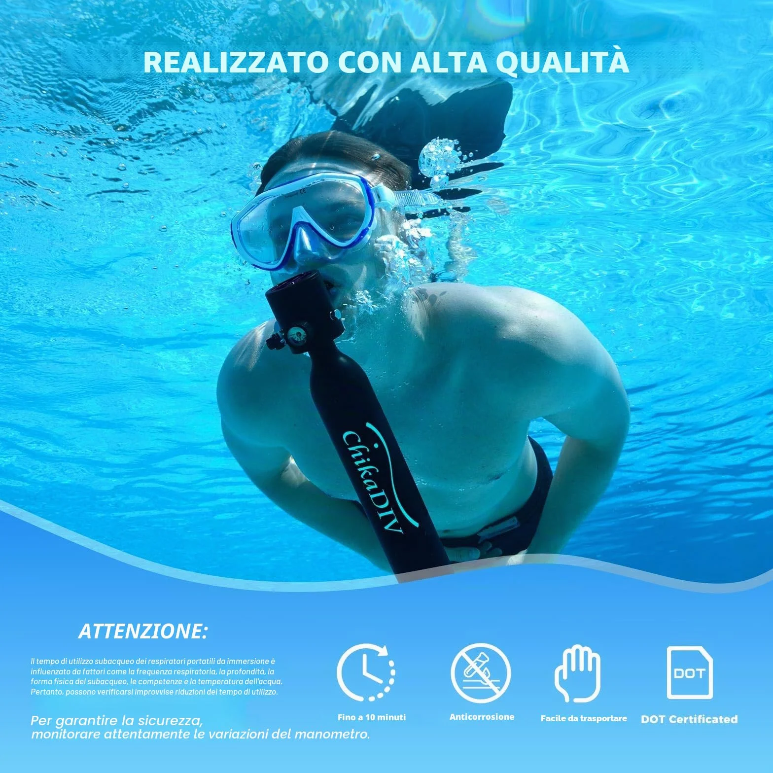 Mini Bombola Ossigeno Subacquea C300 0.5L Alluminio Aeronautico 5-10 Min Portatile Snorkeling