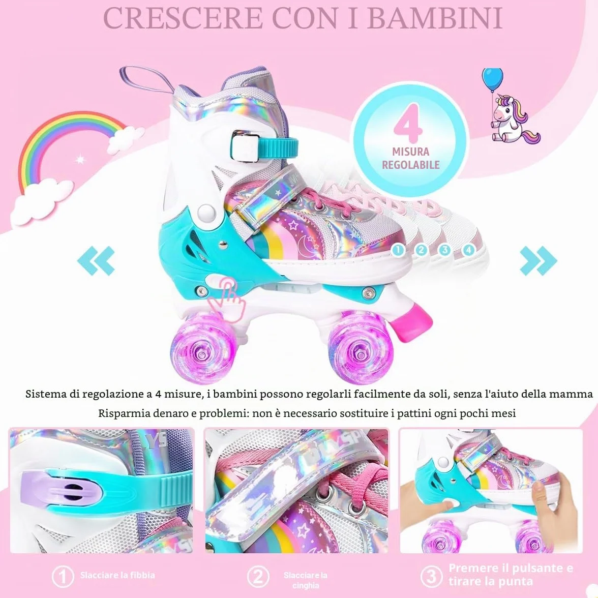 Pattini a rotelle Pattini bambina Regolabili Pattini a 4 Ruote,patini bambini 4 ruote luminosi per ragazze e ragazzi