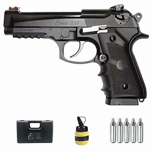 Pistola Sport 331 wg CO2 (6MM) | Arma corta semiautomatica di tipo Beretta B92 SPA 92 (potenza: 1 joule) + valigetta in PVC + bottiglia + bombole (plastica 6mm)