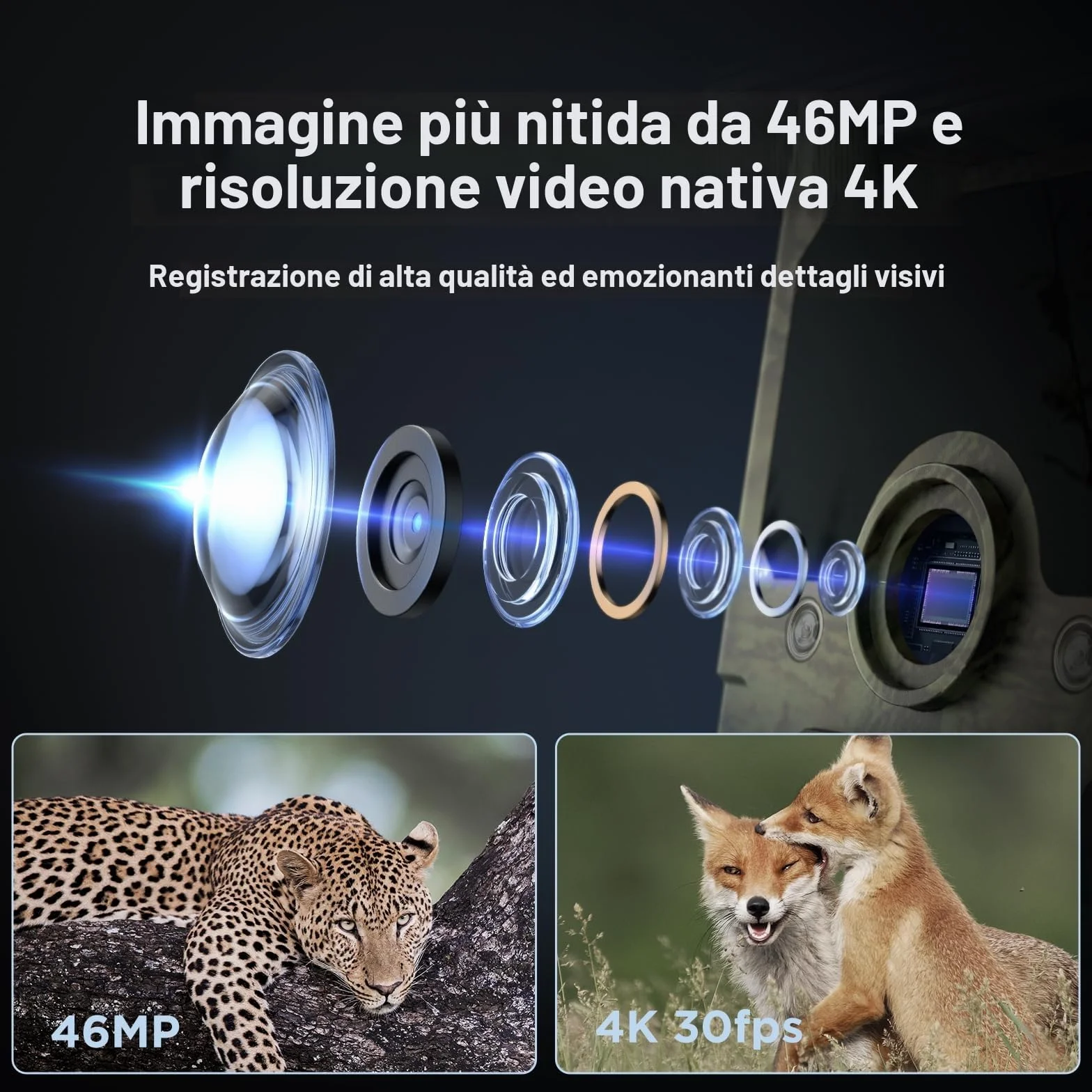 WOLFANG Fototrappola 68MP 4K 30Fps Solare Wifi Bluetooth App Fotocamera Caccia Visione Notturna Impermeabile IP66 5200mAh
