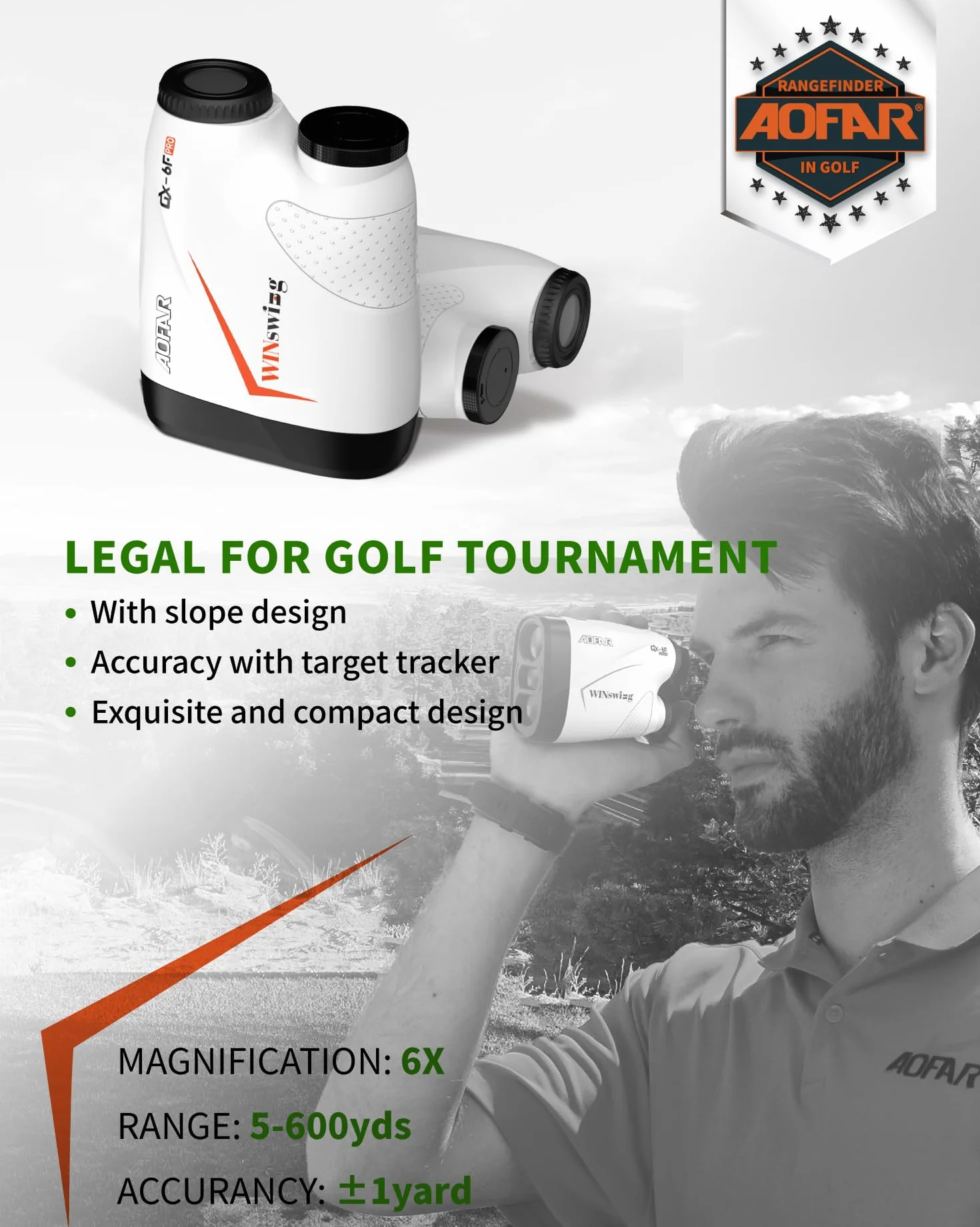 AOFAR GX-6F/GX-6F PRO - Telemetro per misurazione della distanza con scansione continua, vibrazione di bloccaggio del palo della bandiera, legale per tornei, 500 yards/600 yards ad alta precisione