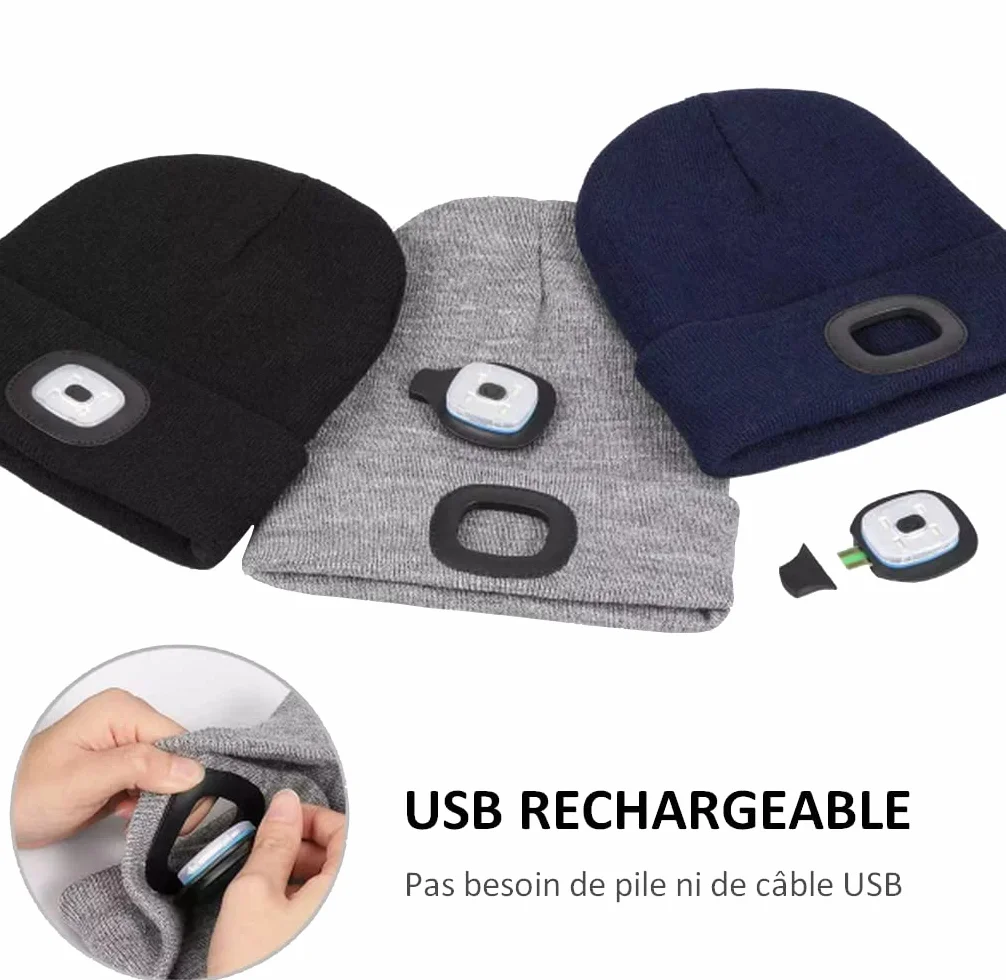 Berretto con lampada frontale a LED USB ricaricabile grigio