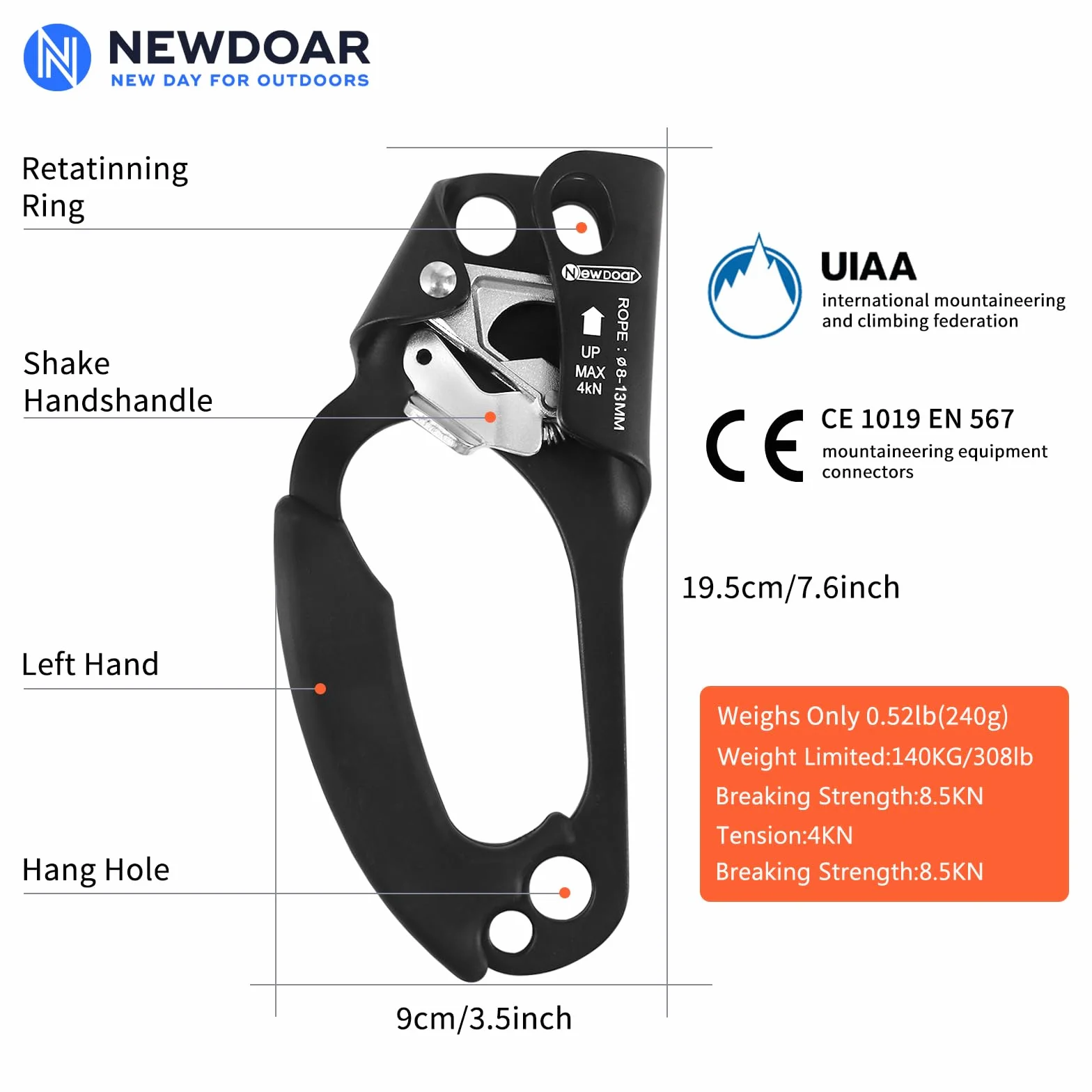 NewDoar Left Hand Ascender Rappelling Gear CE Rope Clamp 8~12 MM