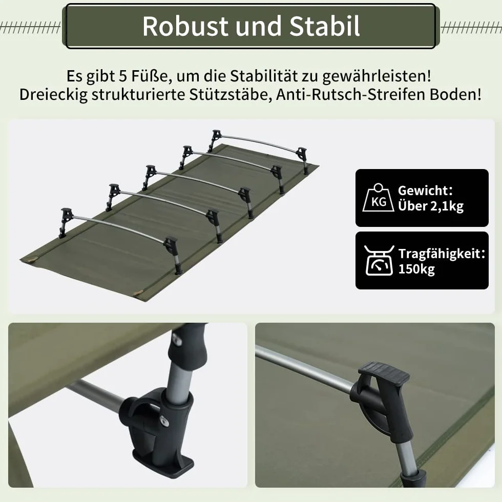 TOMOUNT Lettino da campeggio ultraleggero in alluminio 190 x 70 cm pieghevole compatto Verde