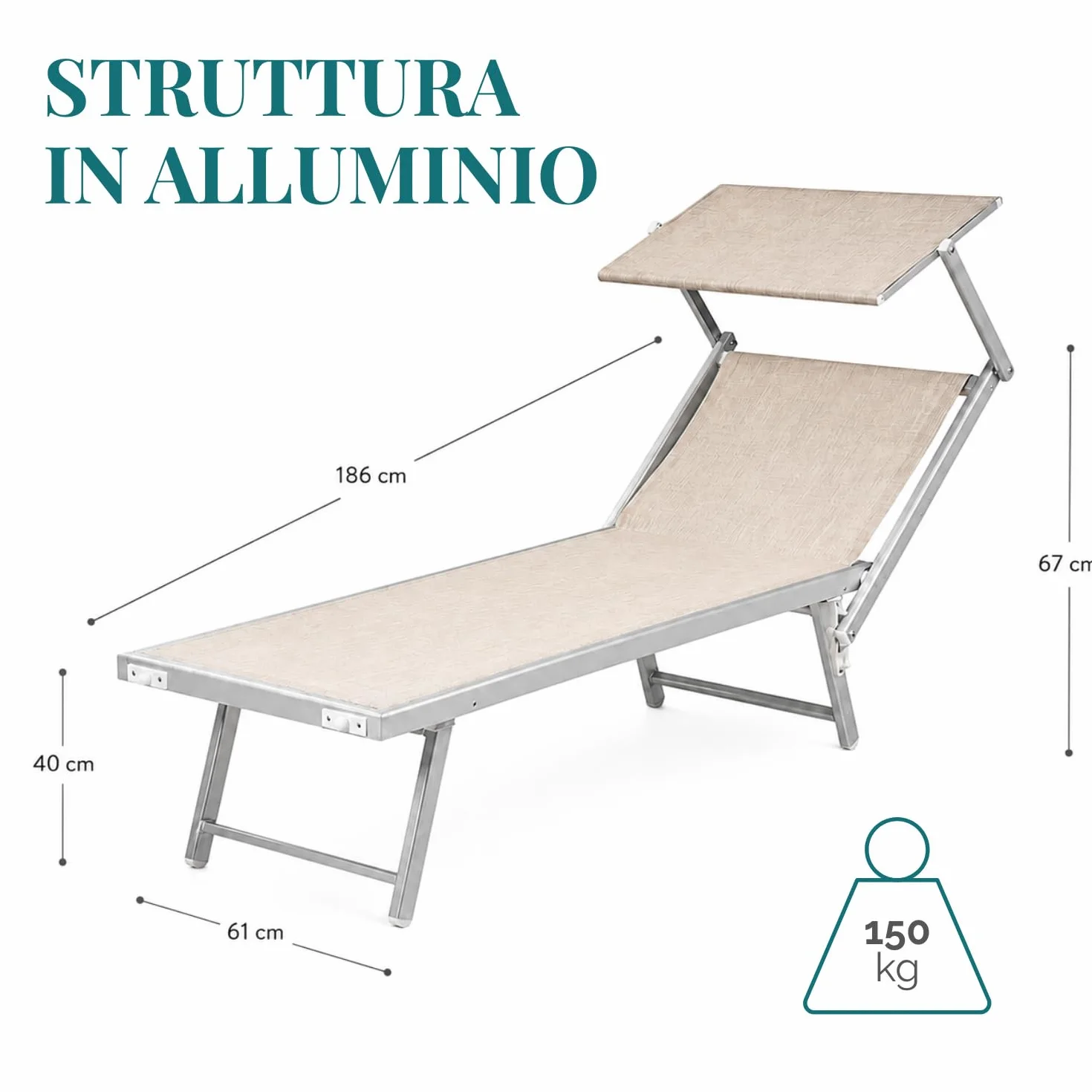 PALUPLUS 2 Lettini Prendisole in Alluminio 186x61x40 cm Textilene con Tetto Parasole e Schienale Regolabile Portata 150Kg