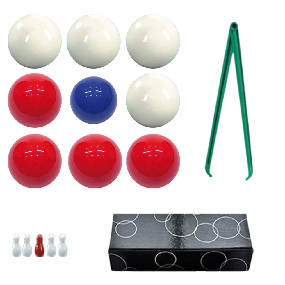 Bilie Boccette Biliardo con Buche Diametro m.59 Resina Sintetica 4 Rosse 4 Bianche Pallino Blu m.54 Set 5 Birilli