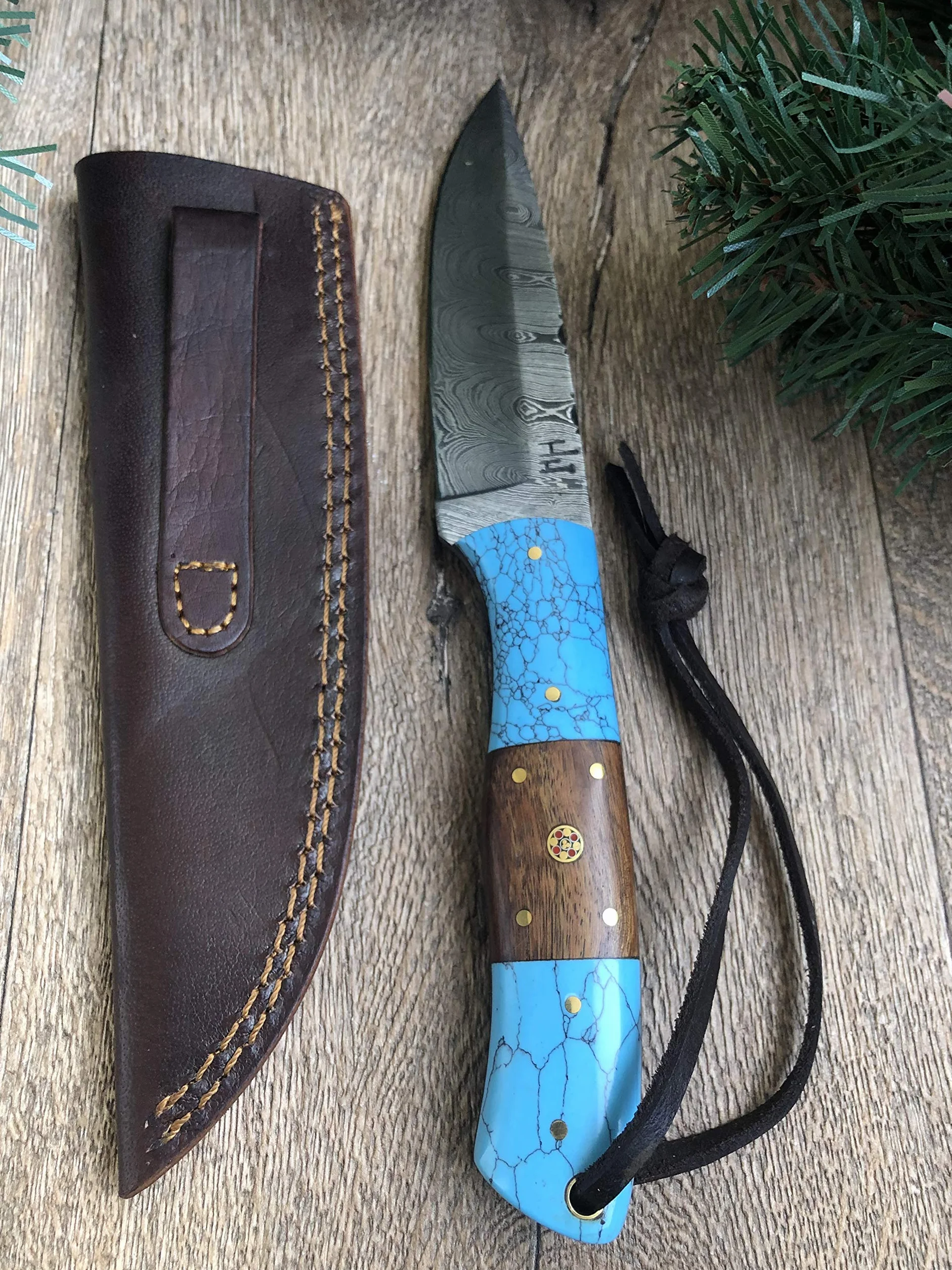 Hobby Hut HH-409, 24,13 cm, coltello damasco in acciaio fatto a mano, coltello da caccia con fodero in pelle, manico in legno e turchese, coltello damascato, coltello da caccia completo, lama fissa