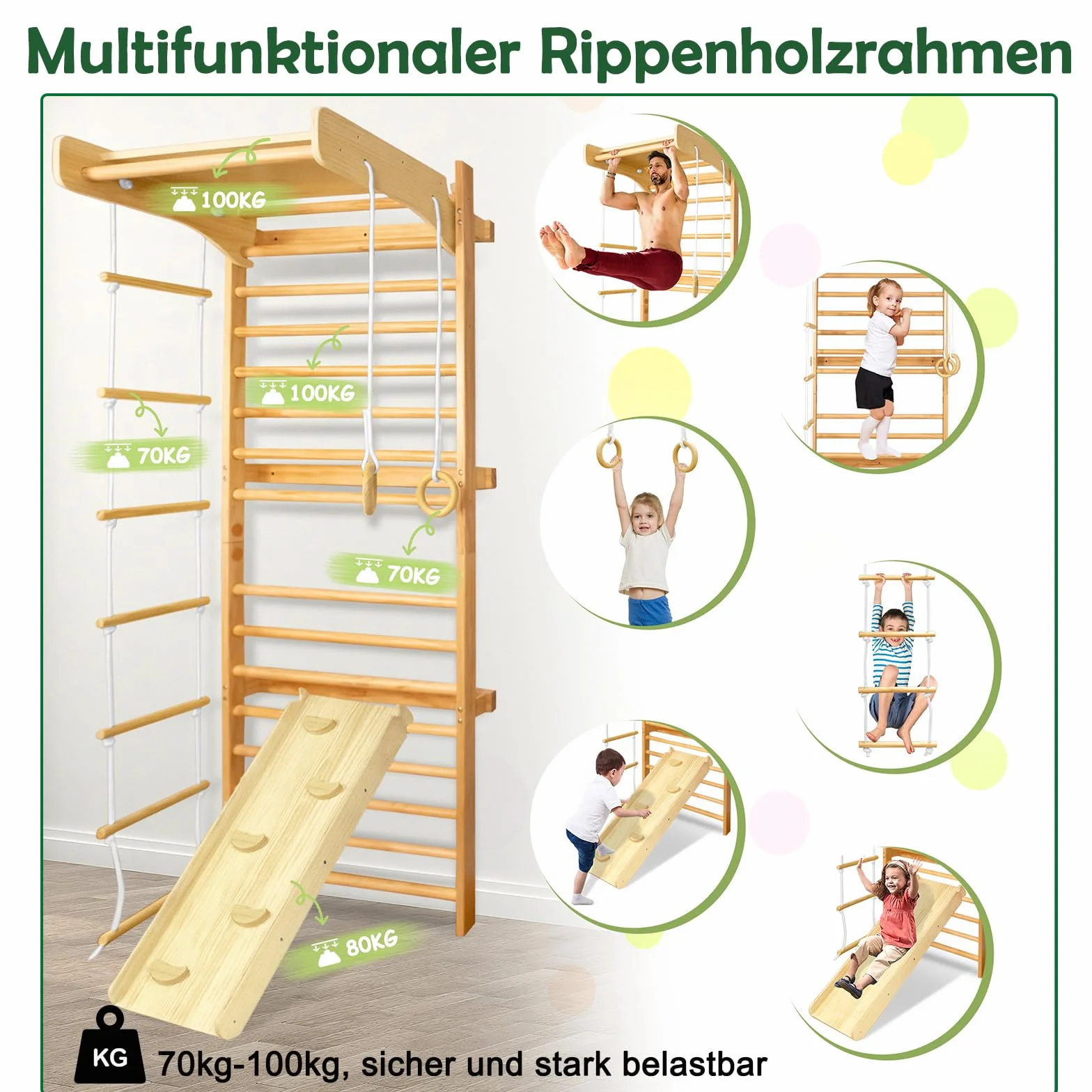 Aufun Parete per Arrampicata in legno con barre 215 x 82 x 6cm