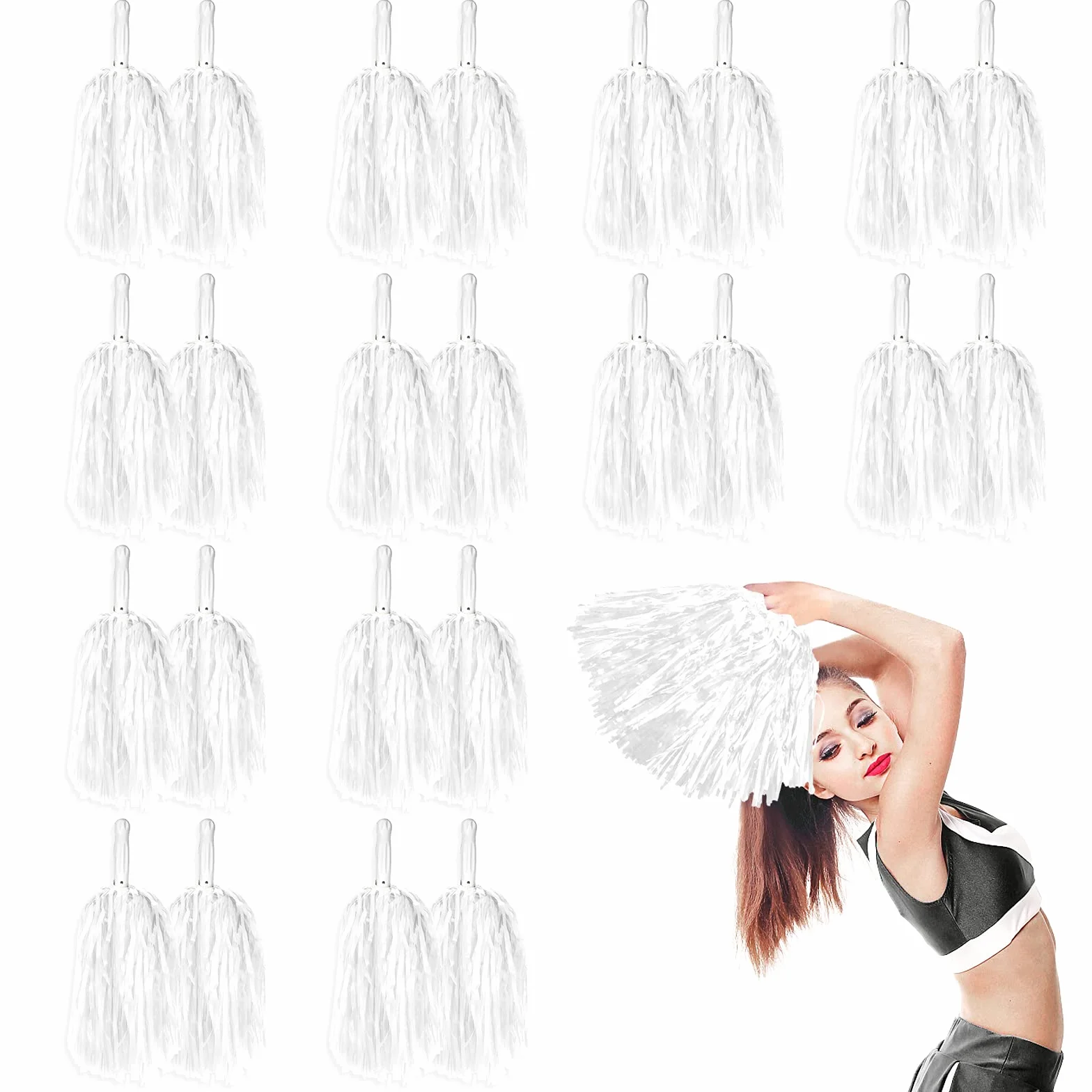 LINYAPRY 24 pompon metallici da cheerleader per bambini adulti con manico a bastone bianco