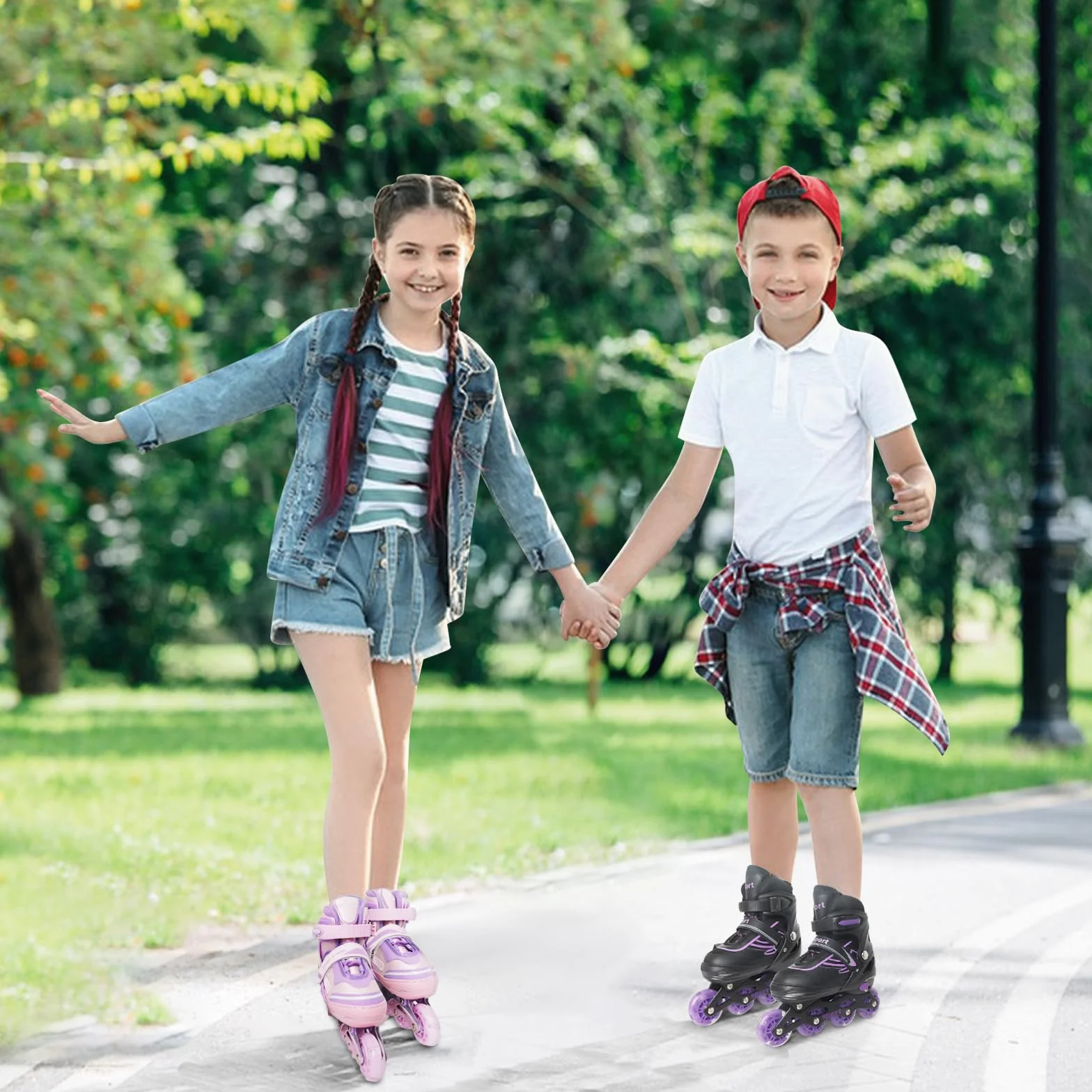 Pattini in linea regolabili per bambini ragazze ragazzi principianti, Pattini a rotelle per bambino e adolescente per lo sport viola e blu