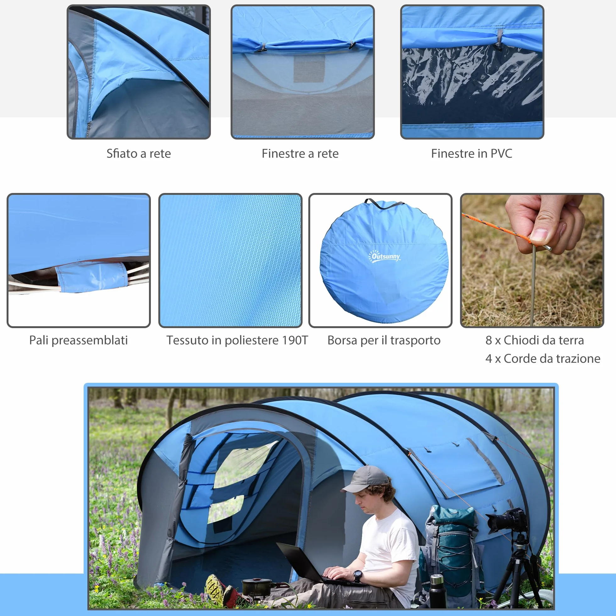 Outsunny Tenda da Campeggio Pop Up 4 Persone 2000mm Anti UV 20+ 263.5x220x123 cm Blu