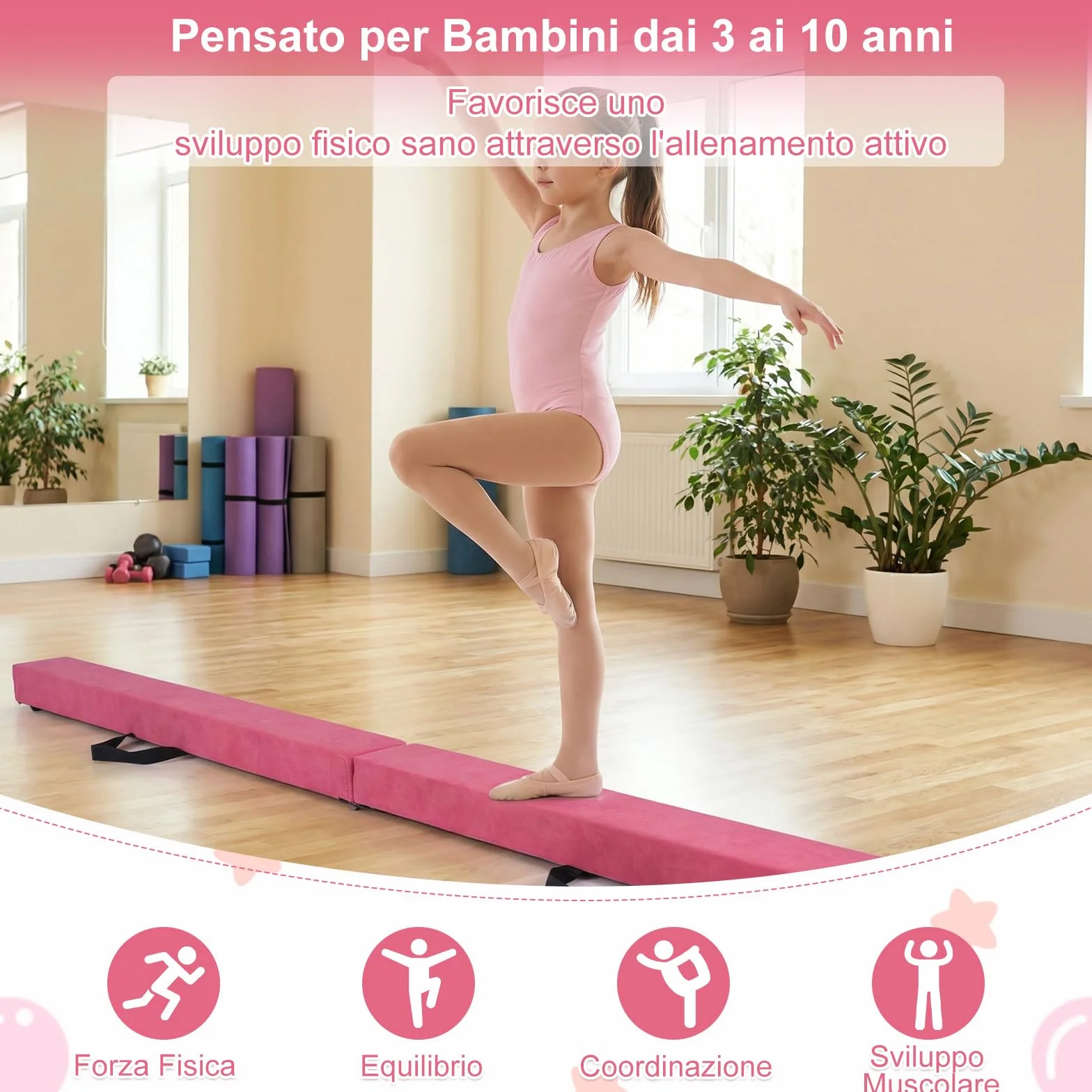 COSTWAY Trave Ginnastica Artistica Pieghevole per Bambini 210-270 cm, Base in Legno Antiscivolo