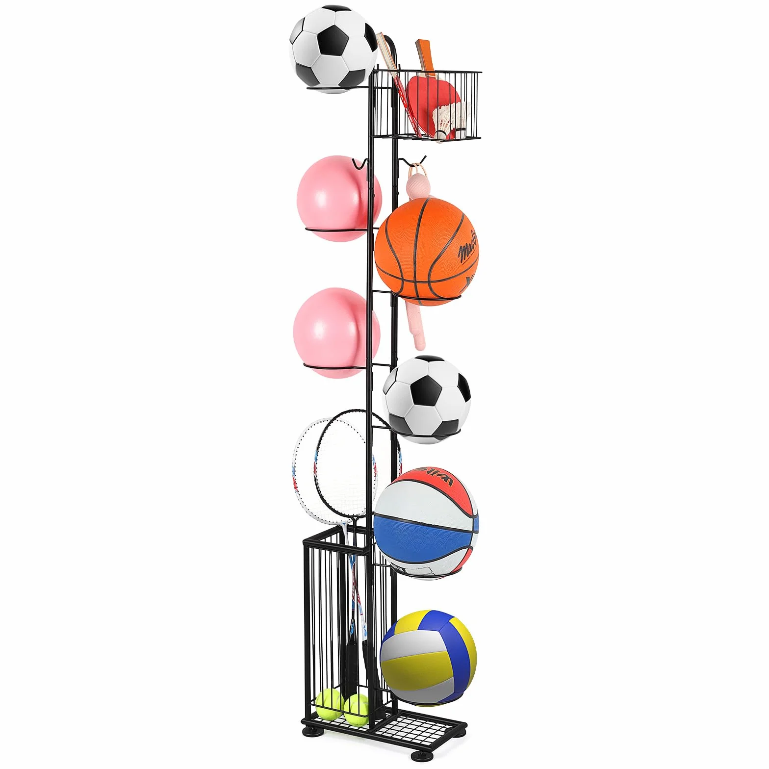 Nandae Supporto per palloni da calcio a 7 ripiani in metallo con 2 cestini e ganci
