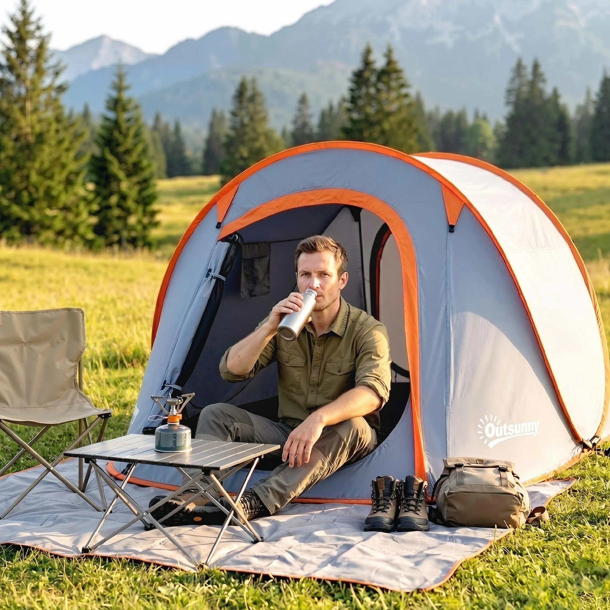 Outsunny Tenda da Campeggio Impermeabile 2-3 Posti Pop Up 245x148x105 cm