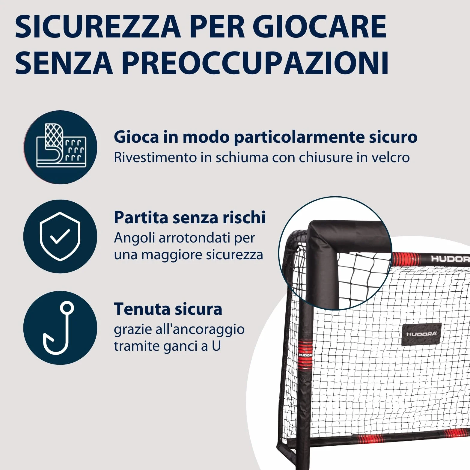 HUDORA Porta da calcio Pro Tect Grande, rivestita in gommapiuma con rete, antiurto
