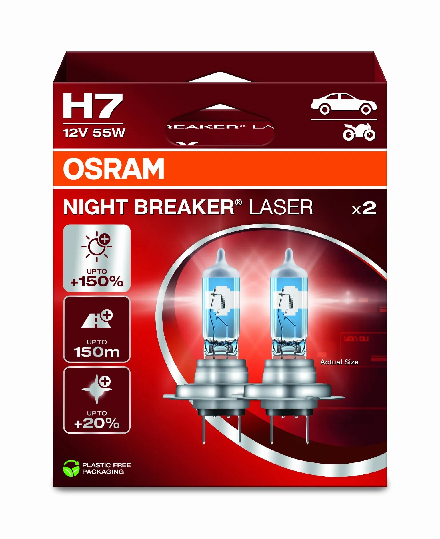 OSRAM NIGHT BREAKER LASER H7, +150% di luminosità in più, lampada alogena per fari, 64210NL-2HB, 12V, scatola pieghevole sospesa (2 lampade)