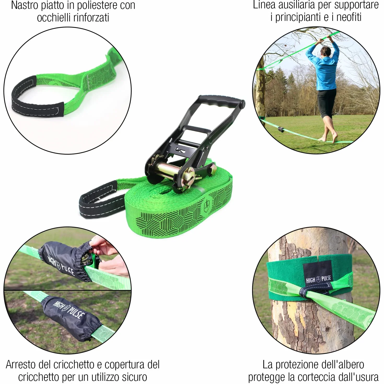 High Pulse Slackline kit 15m Set completo cricchetto protezione corda ausiliaria bilanciamento protezione albero borsa