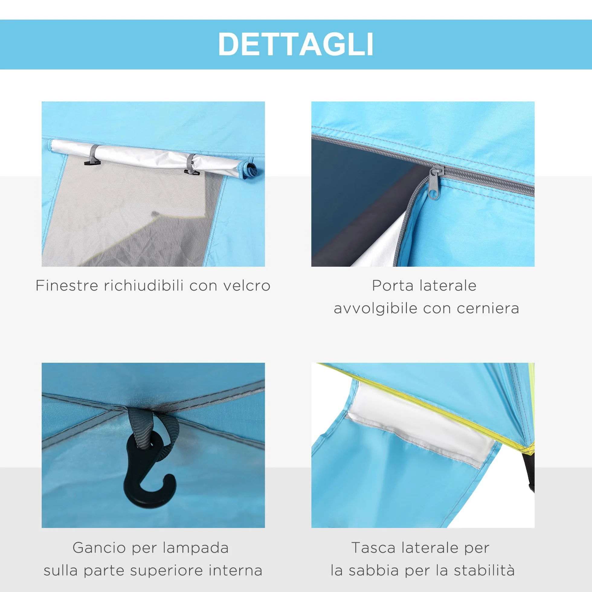 Outsunny Tenda da Spiaggia con Finestre Richiudibili e Porta a Cerniera, 220x173x120 cm