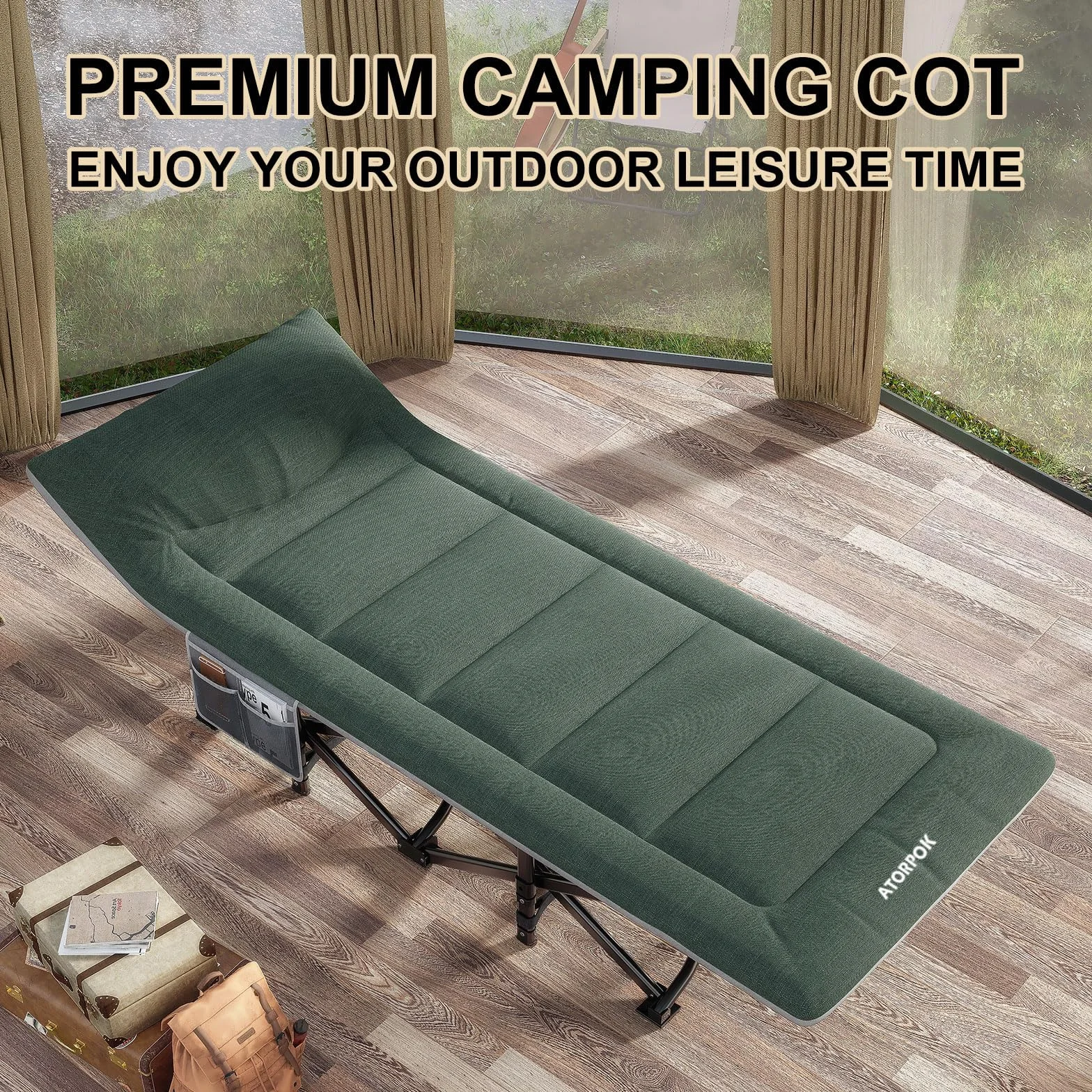 ATORPOK SHOP Lettino da campeggio per adulti con cuscino e cuscino, comodo lettino da campeggio da viaggio per dormire, culla portatile con borsa per il trasporto, supporta 204 kg (verde)