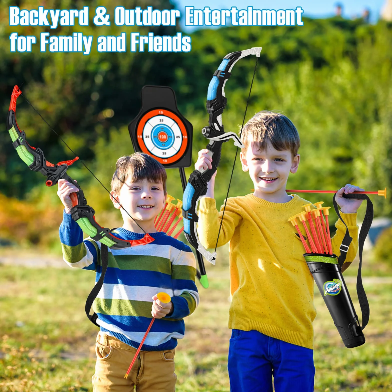Set Tiro con l'Arco per Bambini con LED, 2 Archi, 20 Frecce, 1 Bersaglio, Giocattoli da Interno ed Esterno 6-10 Anni
