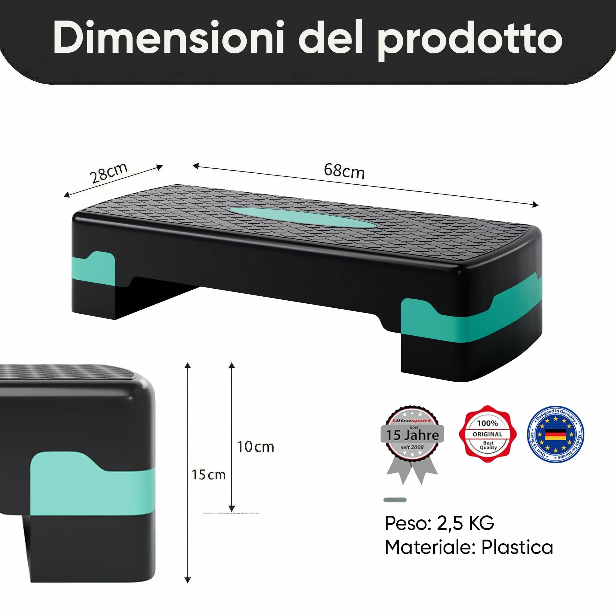 Ultrasport Step Fitness Aerobica Stepper Casa Antiscivolo Regolabile 2 Altezze Stepboard 68x28 cm Verde