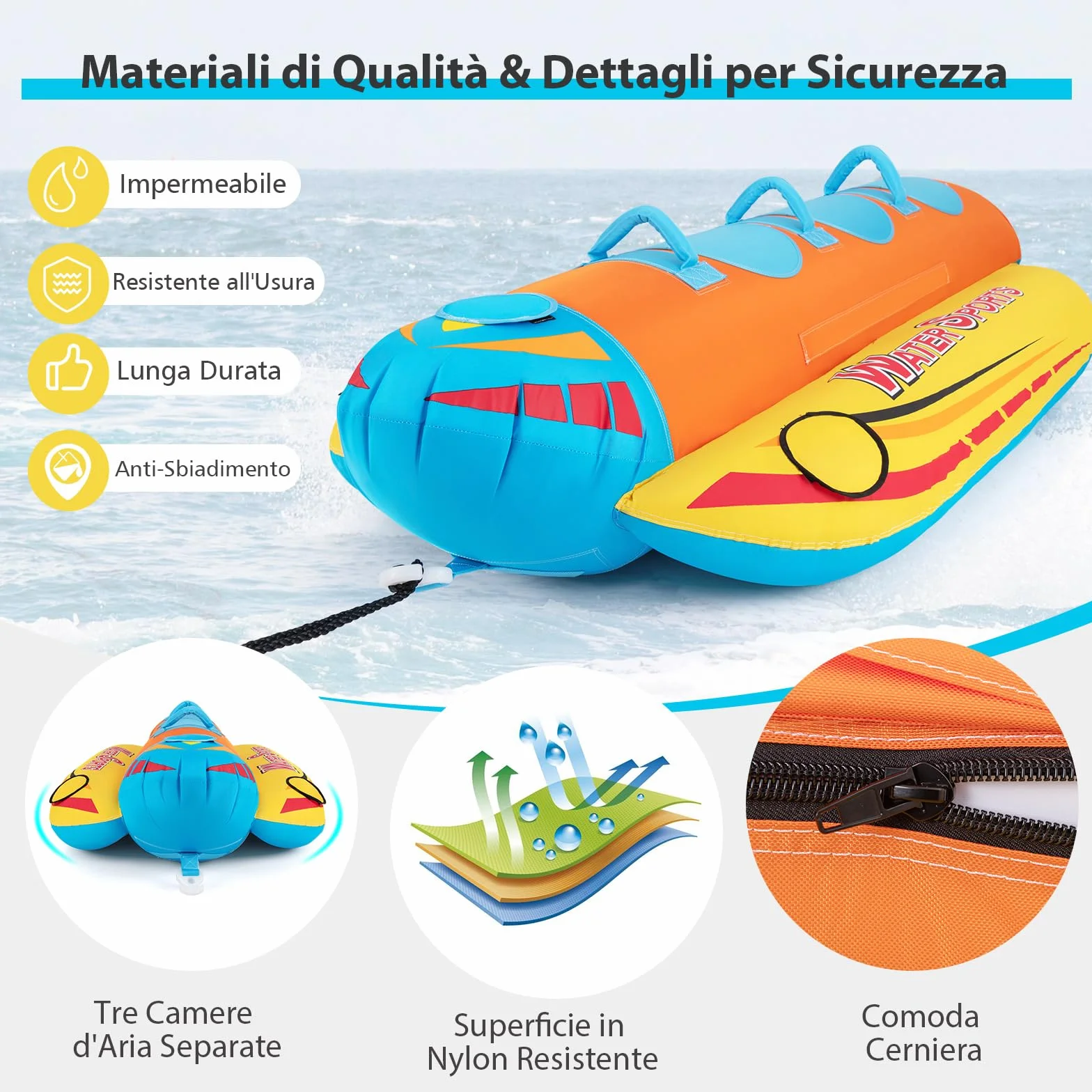 COSTWAY Gommone a Banana Gonfiabile 3 Persone Tubo Trainabile Sport Acquatici Carico Massimo 231 kg