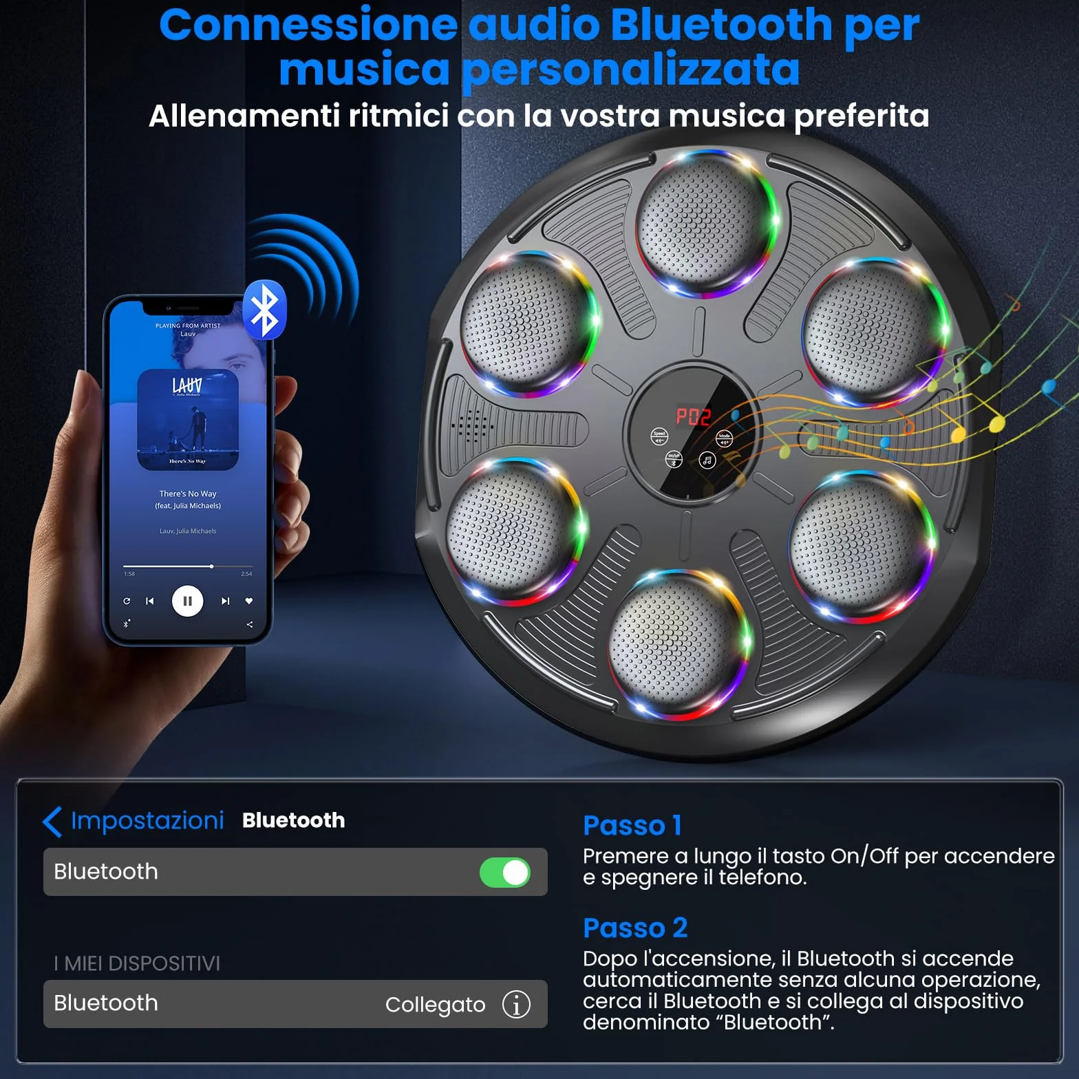Macchina da Boxe Musicale, Extra Large Professionale a Parete con LED Dinamico et Guantone, Bluetooth Smart, Musica Elettronica a 12 velocità, per Adulti e Bambini, Interni e Palestre, Nero