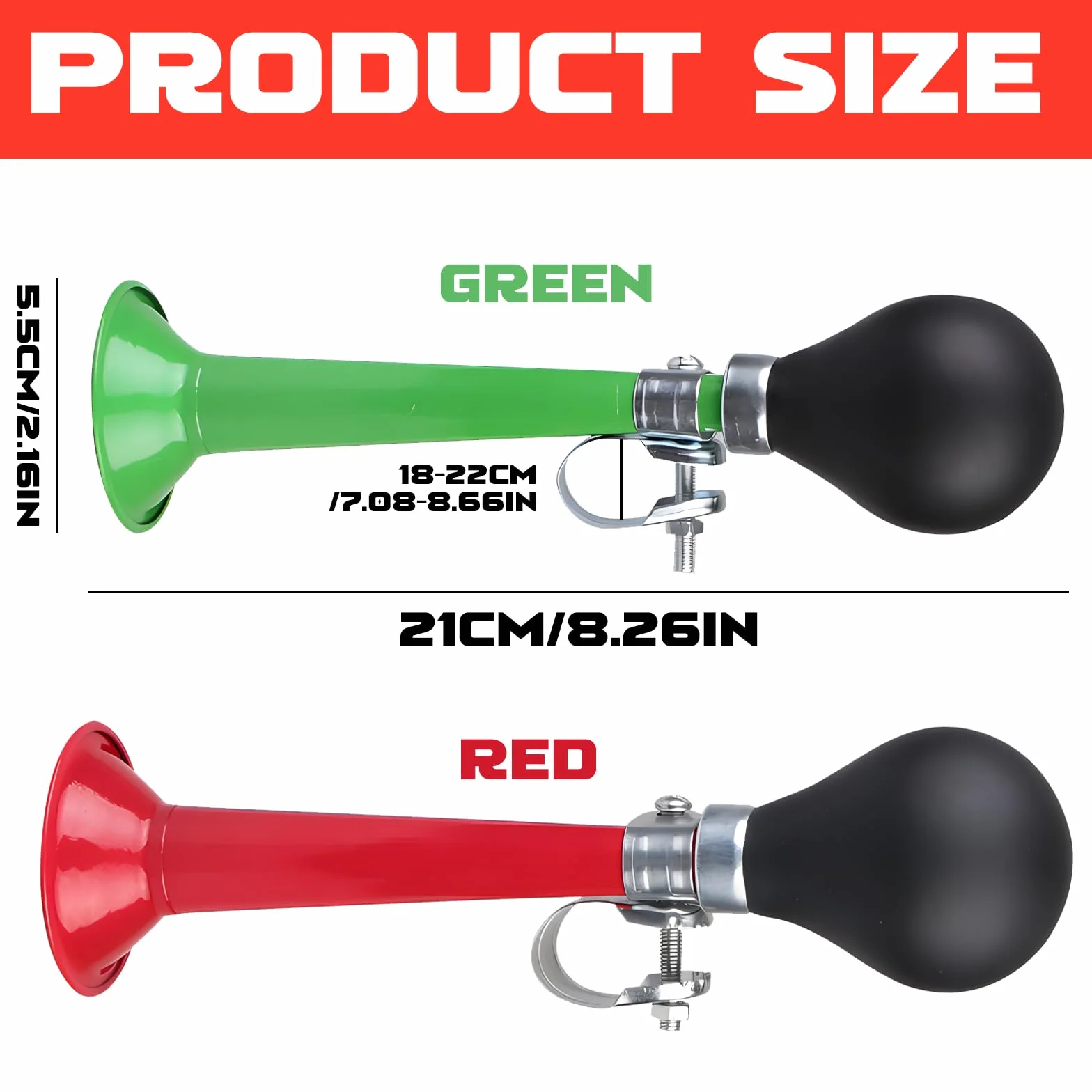 Mein HERZ 2 campanelli per bicicletta, corno in metallo cromato, 20 cm, suono di tromba (verde + rosso)