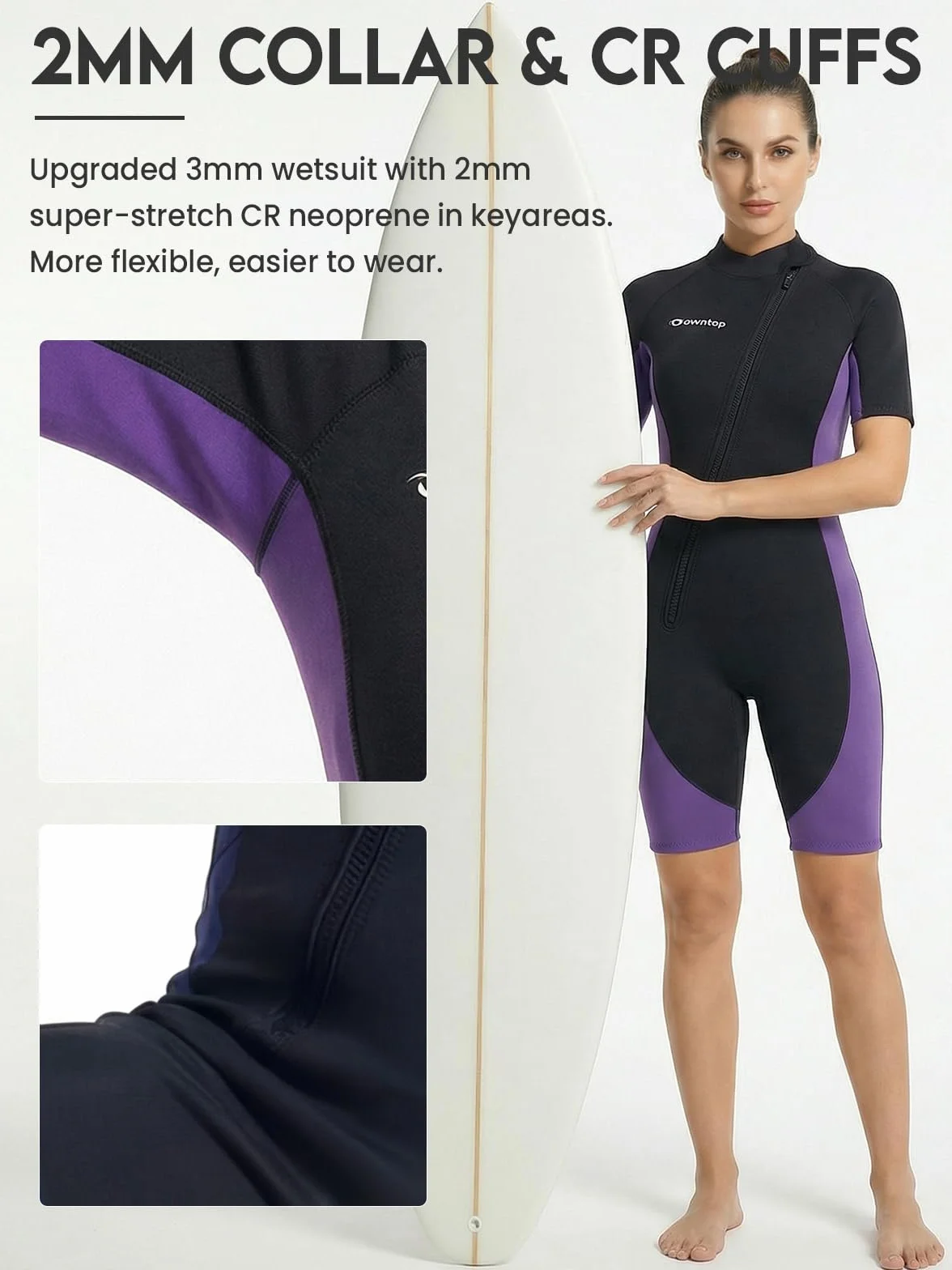 Owntop Muta da donna Shorty 3 mm Neoprene con cerniera frontale per surf nuoto immersioni triathlon
